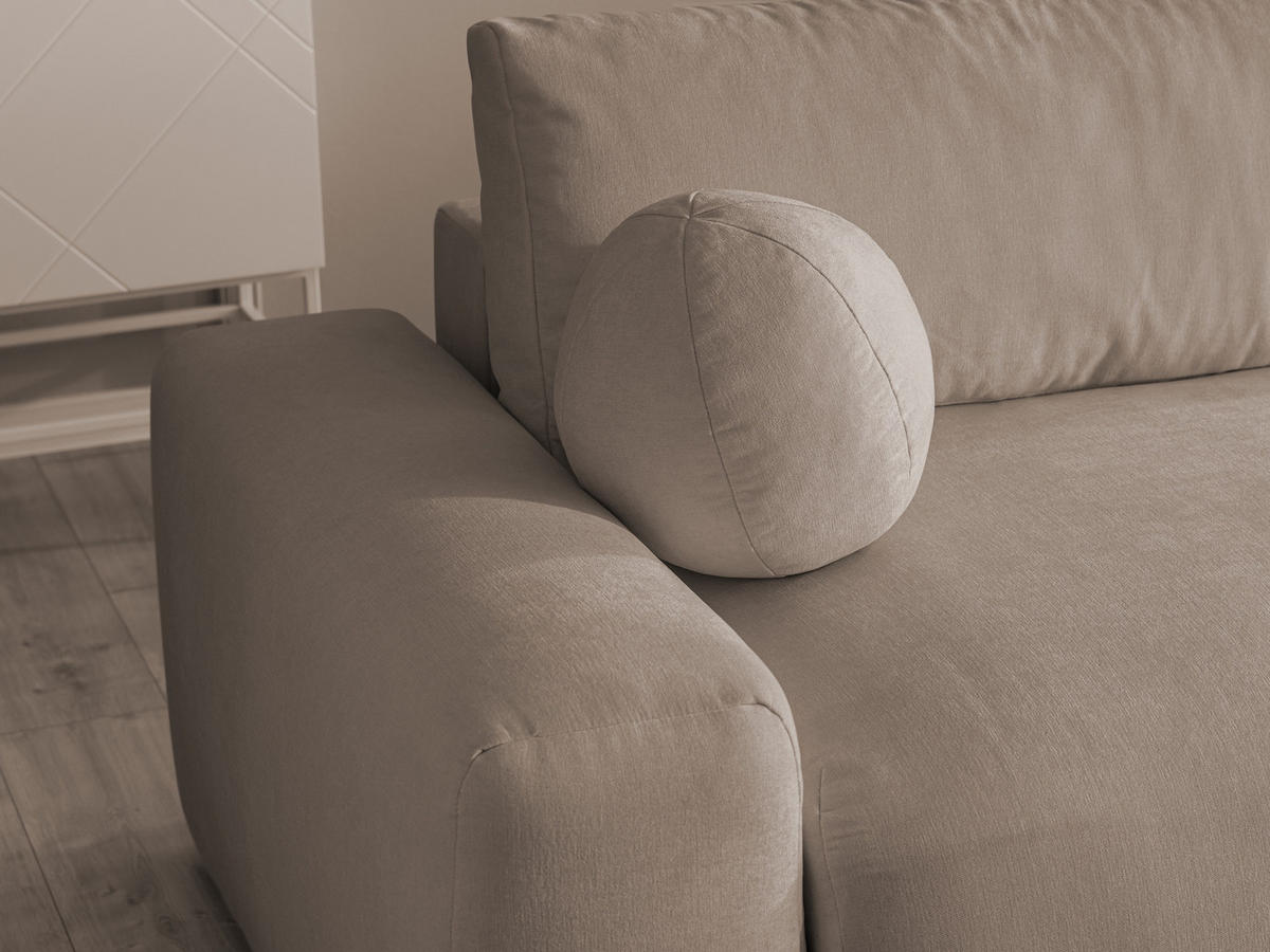 ECKSOFA Puffy mit Schlaffunktion und Bettkasten - besonders weich und puffig aus Greige Webstoff - Ottomane rechts - Greige/Schwarz, Holz/Kunststoff (266/138cm) - S-Style Möbel