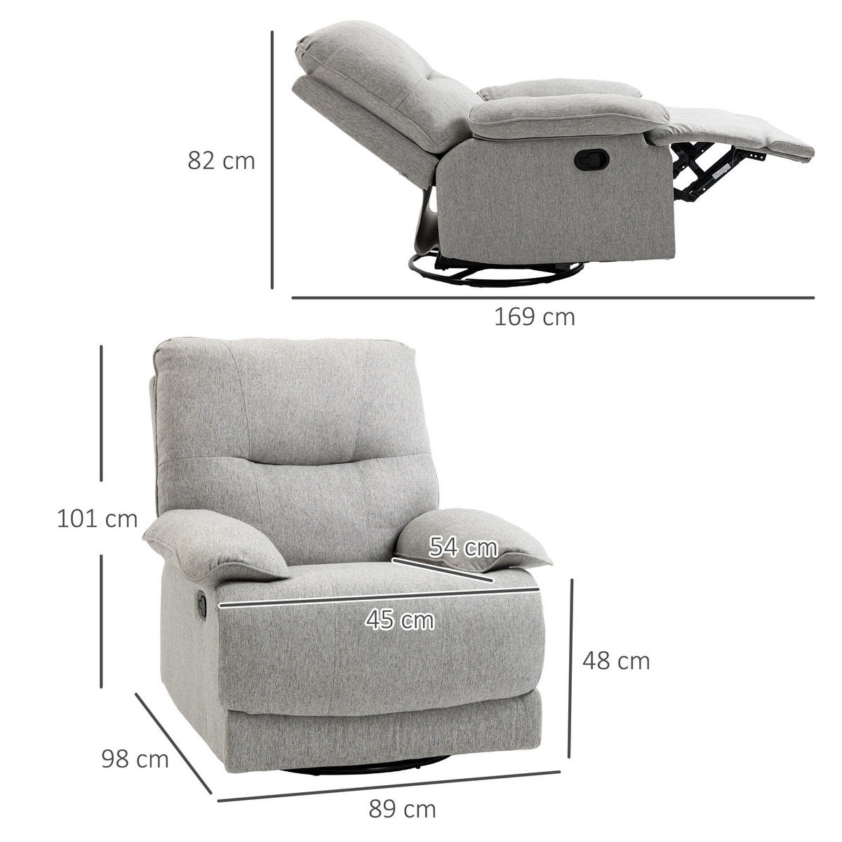 RELAXSESSEL, Hellgrau, Polyester, MDF - Hellgrau, Kunststoff (98/101/89cm) - HOMCOM