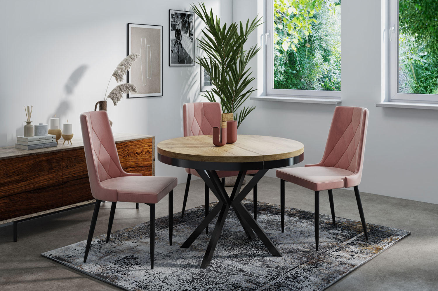 ESSTISCH Ross runder ausziehbarer, Craft Eiche 100-180/100/76 cm - Eiche Wotan/Schwarz, Holzwerkstoff/Metall (100/100/76cm) - WFL GROUP