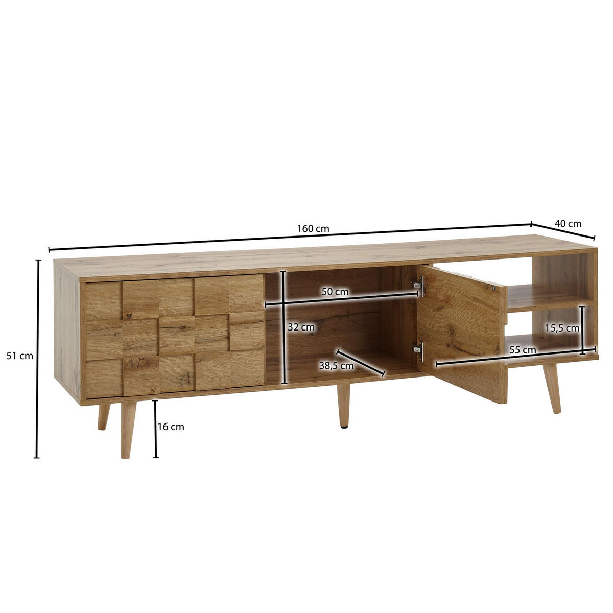 LOWBOARD Eiche-Dekor Modern Stil für 70-Zoll Fernseher - Braun, Eichenholz/Holz (160/51/40cm) - KADIMA DESIGN