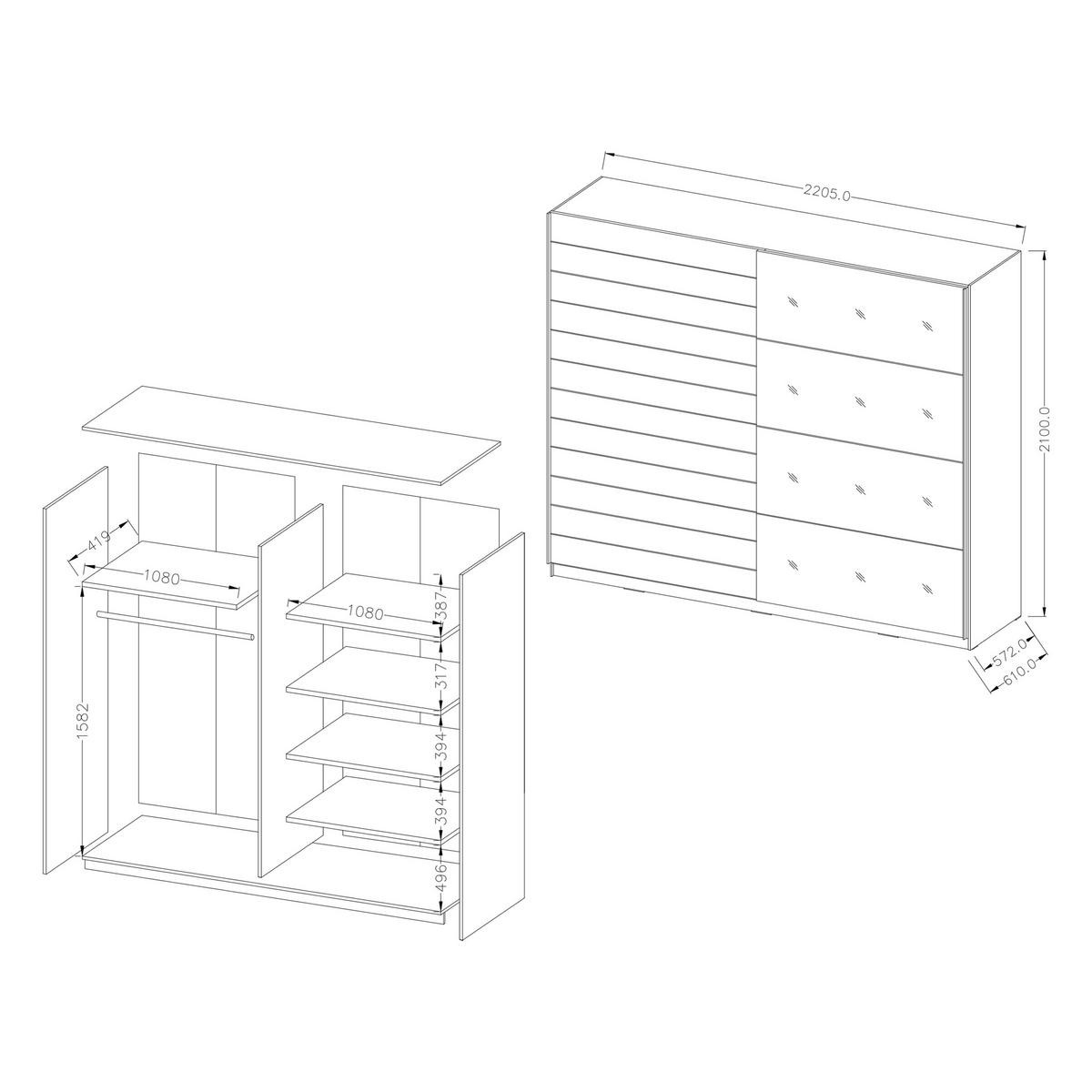 SCHWEBETÜRENSCHRANK COSMICO 220/210/61 cm 2-türig mit Spiegel Hellgrau - Hellgrau, Holzwerkstoff (220/210/61cm) - MASSENO