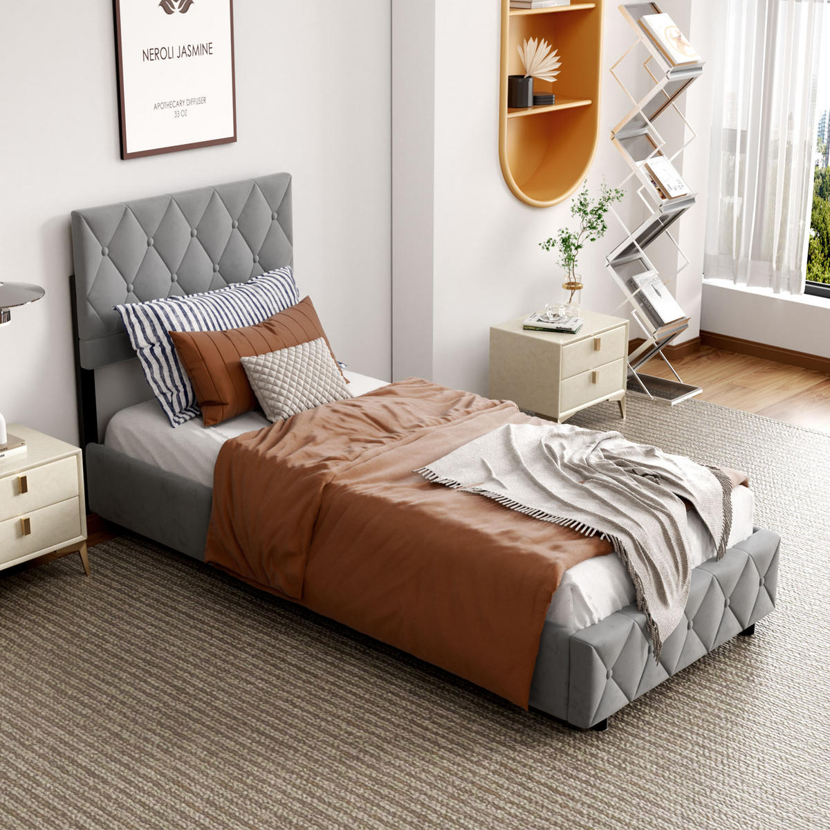 POLSTERBETT aus Samt 90x190 cm Grau mit hydraulischem Stauraum - Grau, Textil (90/190cm) - Modfu
