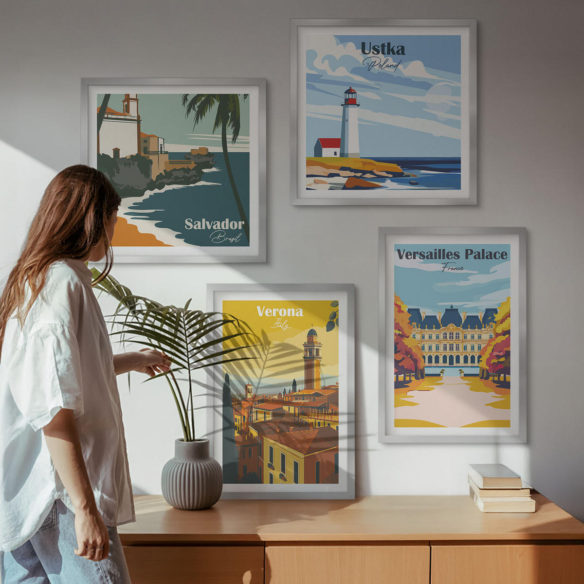 WANDBILDER 4er Set - 50x50 cm & 40x60 cm Silberner Rahmen - Blicke auf berühmte Orte am Meer - Silberfarben, Kunststoff (50/50cm) - ArtPrintCave