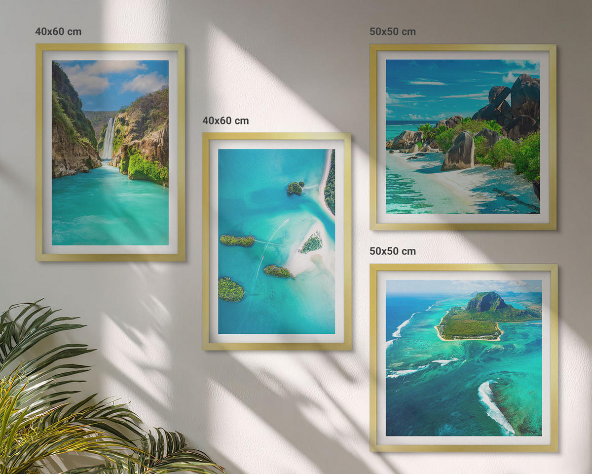 WANDBILDER 4er Set - 50x50 cm & 40x60 cm Goldrahmen - Tropische türkisfarbene Inseln - Goldfarben, Kunststoff (50/50cm) - ArtPrintCave