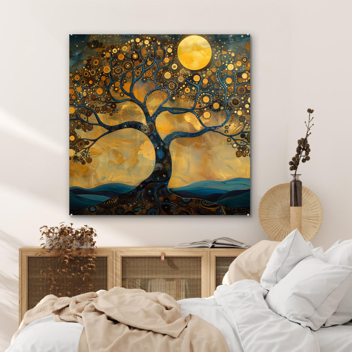ACRYLGLASBILD Baum - Mond - Blumen - Gold - Kunst 90x90 cm - Orange, Glas (90/90cm) - MuchoWow