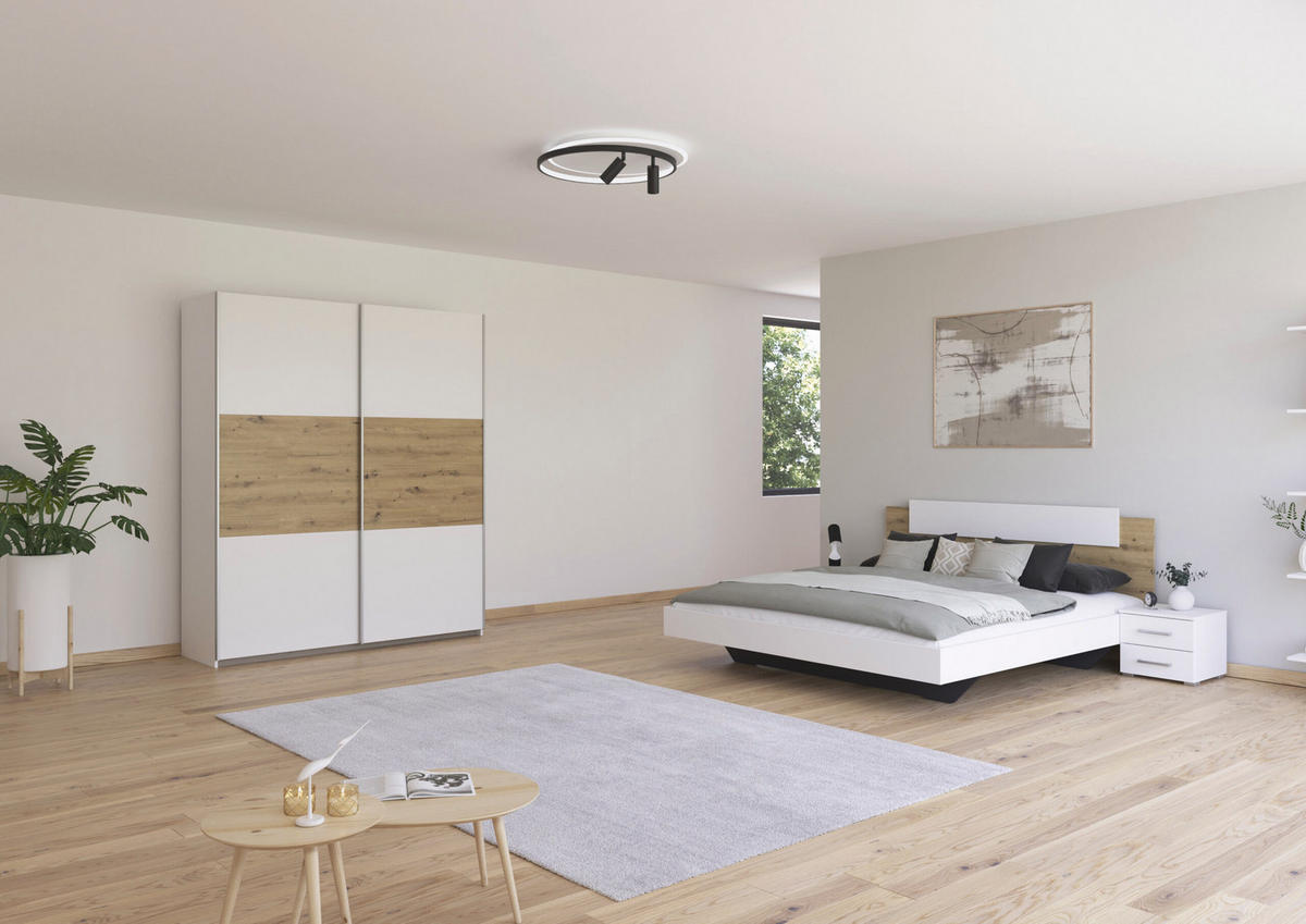 SCHLAFZIMMER Borba in Weiß und Eiche 4 teilig – mit Bettanlage 180x200cm, zwei Nachttisch und Schwebetürenschrank 175cm Breite - Weiß, Holzwerkstoff (80/200/120cm)