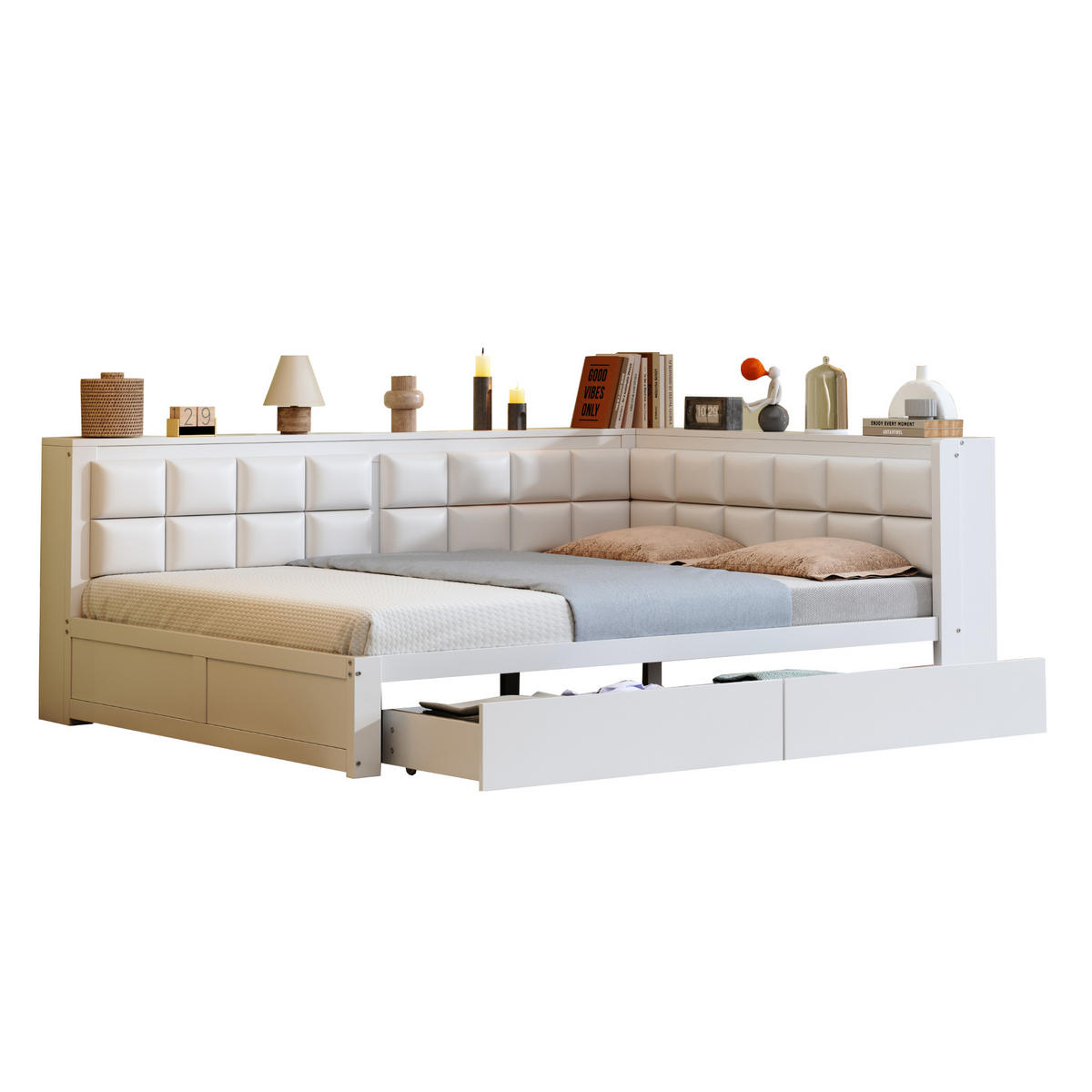 BETT 140/200 cm aus Kiefernholz mit weicher Rückenlehne und Stauraumschubladen in Weiß - Weiß, Holz (140/200cm) - OKWISH