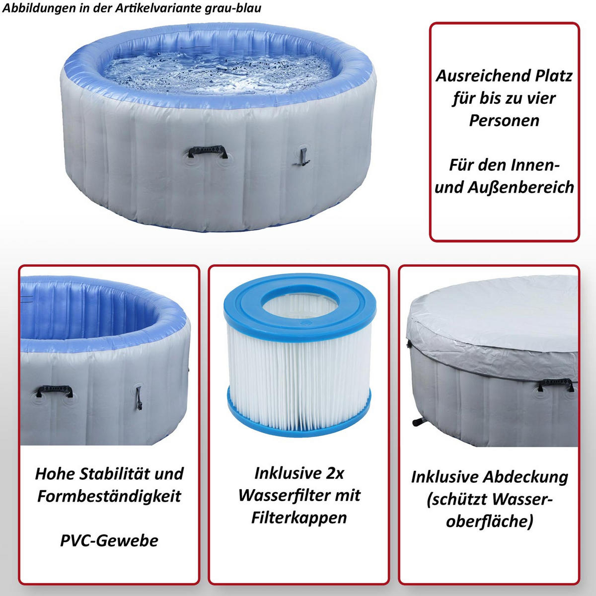 ERSATZ-WHIRLPOOL rund Grau, Blau - Blau/Grau, Textil (180/63/180cm) - MCW