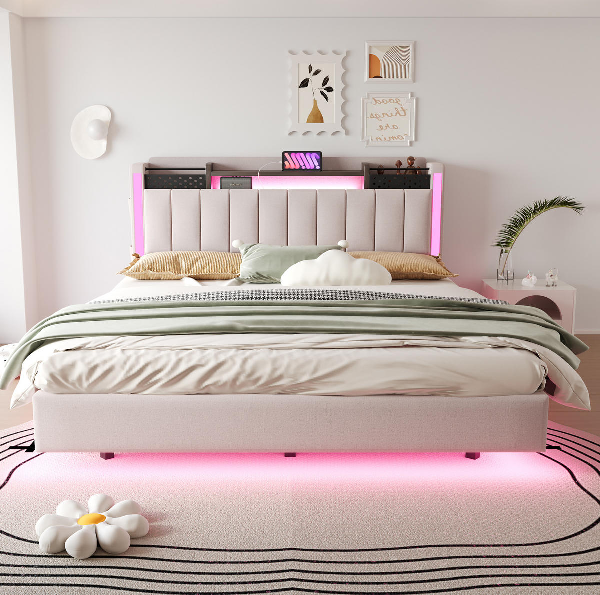 ČALÚNENÁ posteľ 160/200 cm s LED osvetlením, USB portom a úložným čelom, Béžová - béžová, textil (160/200cm) - Redom