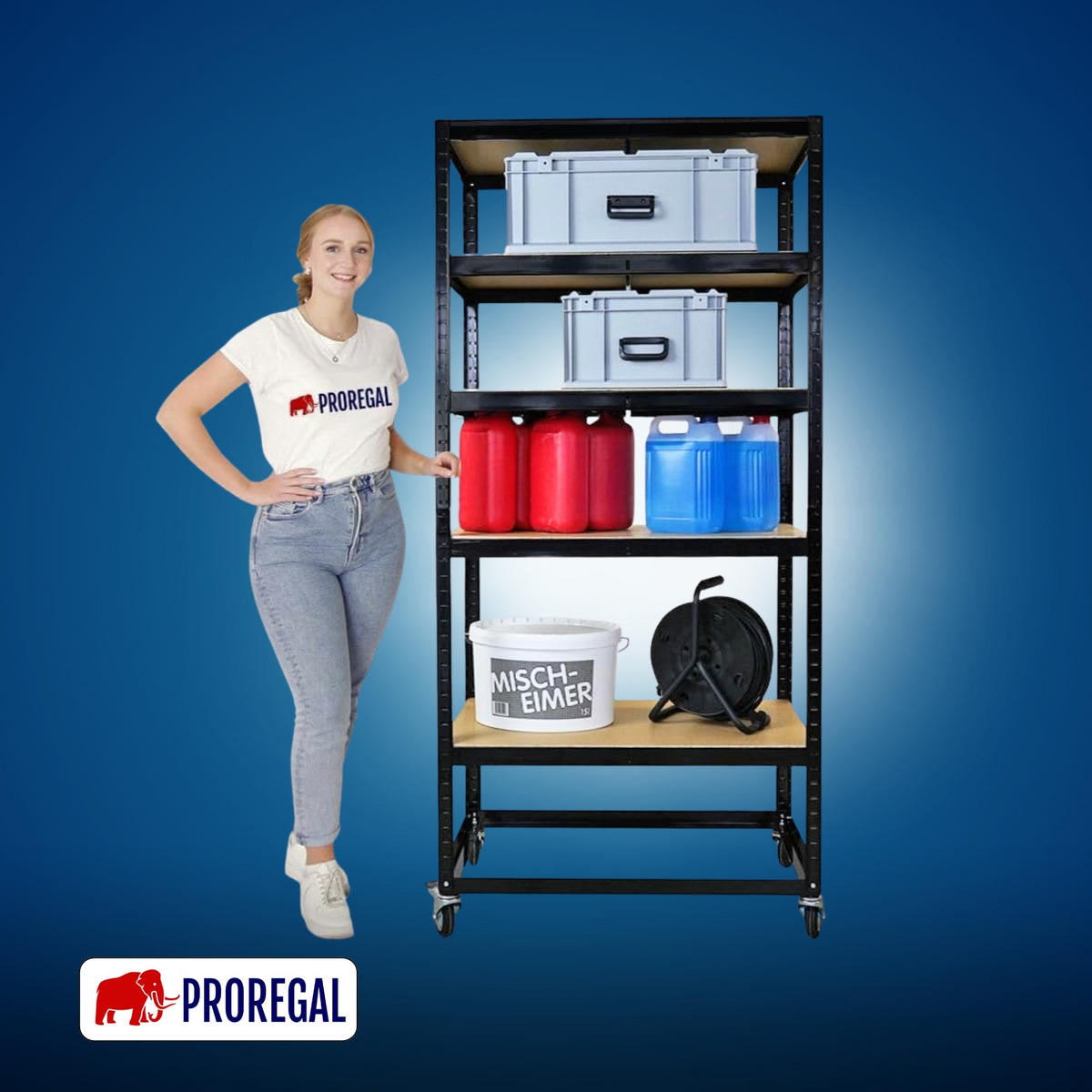 KOMMISSIONIERWAGEN BÜFFEL, 190x90x50cm, 5 Ebenen, Fachlast 50kg, 2X Lenkrollen & 2X Lenkrollen mit Feststellbremse, Schwarz - Schwarz, Metall (90/190/50cm) - PROREGAL