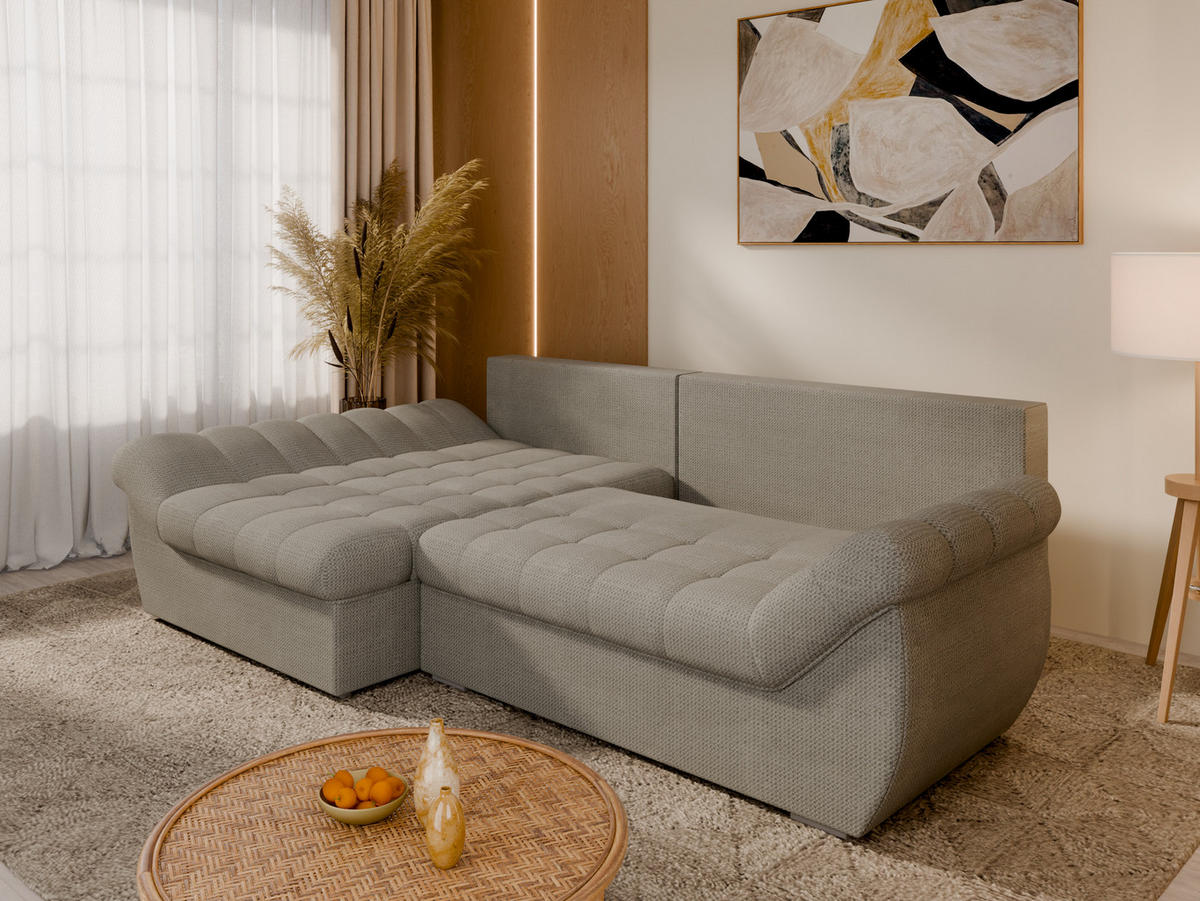 ECKSOFA ZAYA mit Schlaffunktion L-Form, Sofa mit Bettkasten, Wohnzimmersofa, Couch, Soffa, Bettsofa, LINKS- Elephant - Zinkfarben, Holz (279/175cm) - Homesy