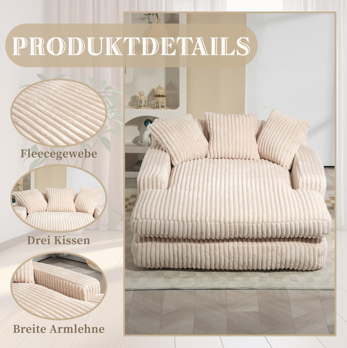 BIGSOFA 125/155/63 cm in Beige mit Chaiselongue aus Cord - Beige, Textil (63/125/155cm) - BEAOK