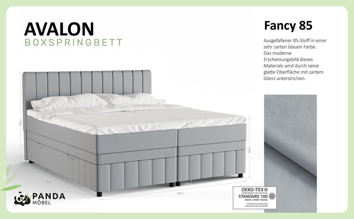 BOXBETT AVALON 180 x 200 cm mit Bettkasten und Topper - Hellgrau - Hellgrau, Holz - Panda Möbel