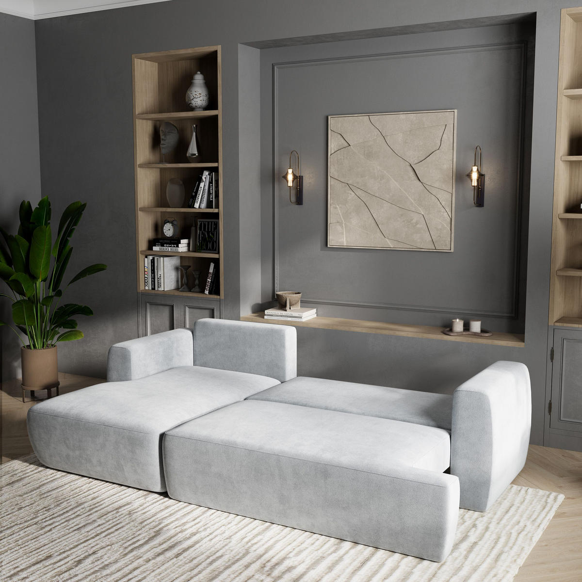 ECKSOFA SENTI K L-S Hellgrau Plüsch-Stoff mit Schlaffunktion - Hellgrau, Holz (246/148cm) - MASSENO