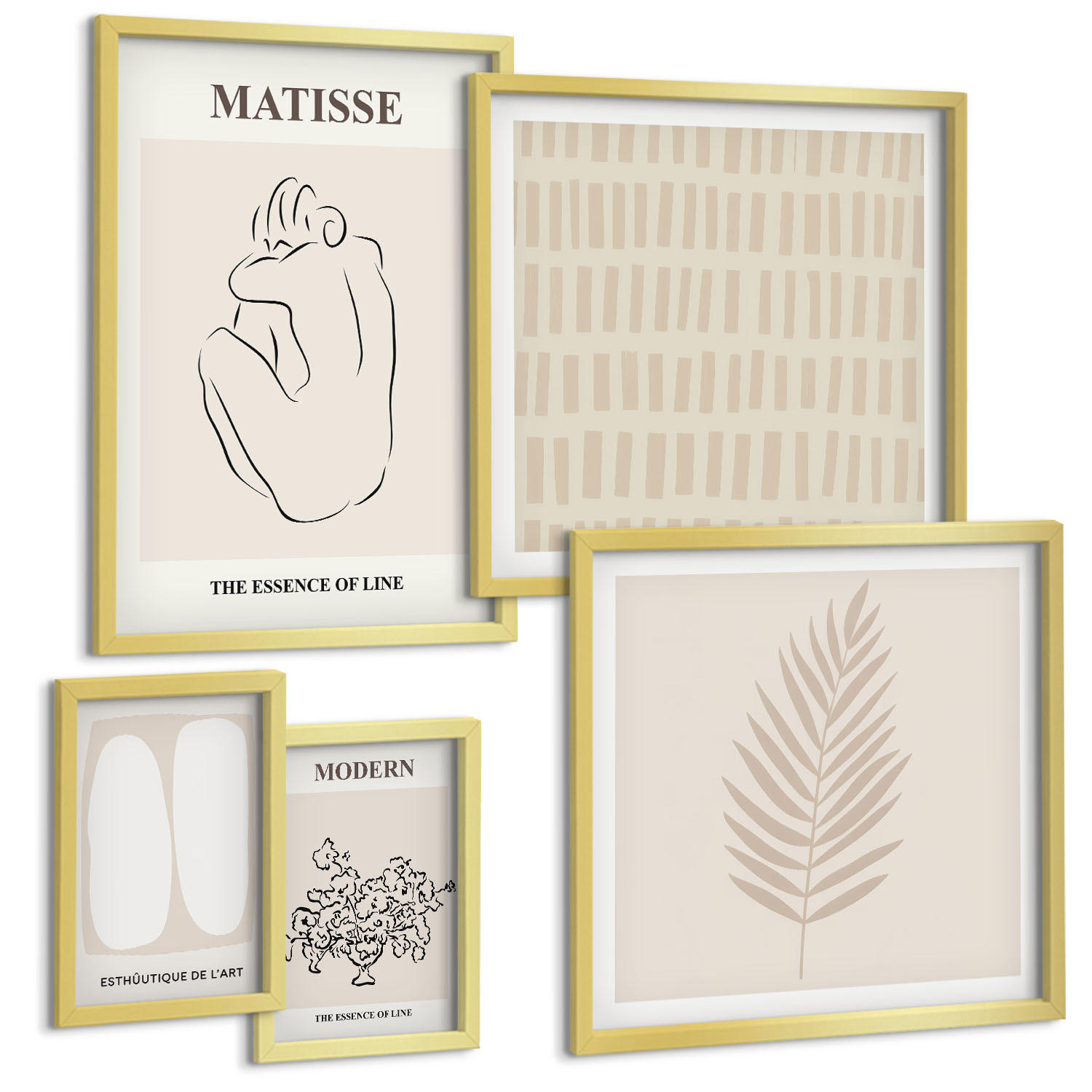BILDER SET 5er Set - 50x50 cm & 20x30 cm & 40x60 cm Goldrahmen - Linien, Formen, Beige, Weiß - Goldfarben, Kunststoff (40/60cm) - TULUP