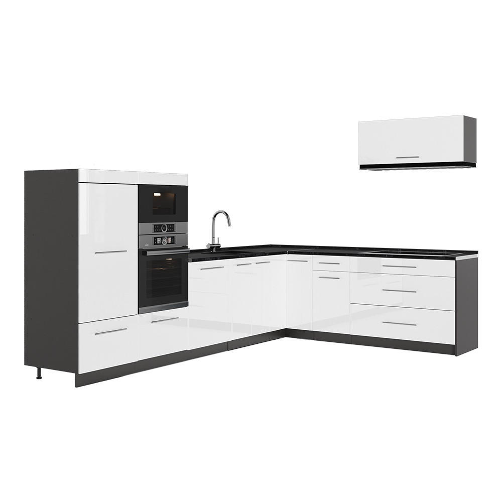 ECKKÜCHE Fame-Line, Weiß Hochglanz/Anthrazit, 327 x 227 cm ohne Arbeitsplatte - Weiß Hochglanz/Anthrazit, Holzwerkstoff (327/153.6/51.6cm) - Vicco