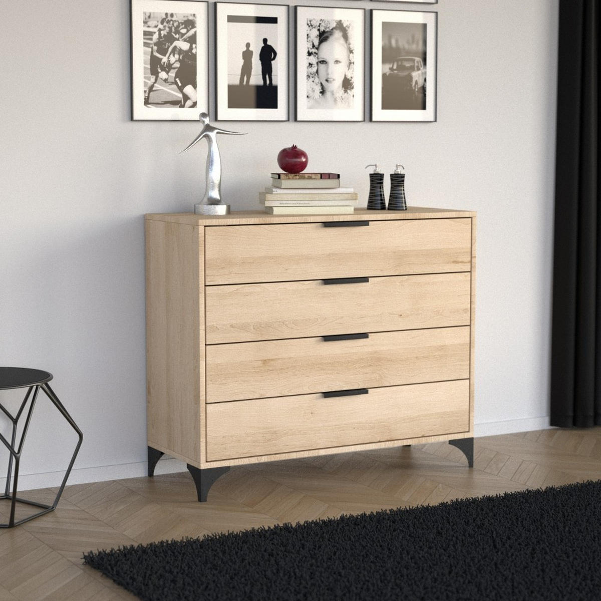 KOMMODE Home mit 4 Schubladen, 100 cm, mit Griffen, eiche Artisan - Schwarz/Eiche Artisan, Holzwerkstoff (80/85/40cm) - Beautysofa