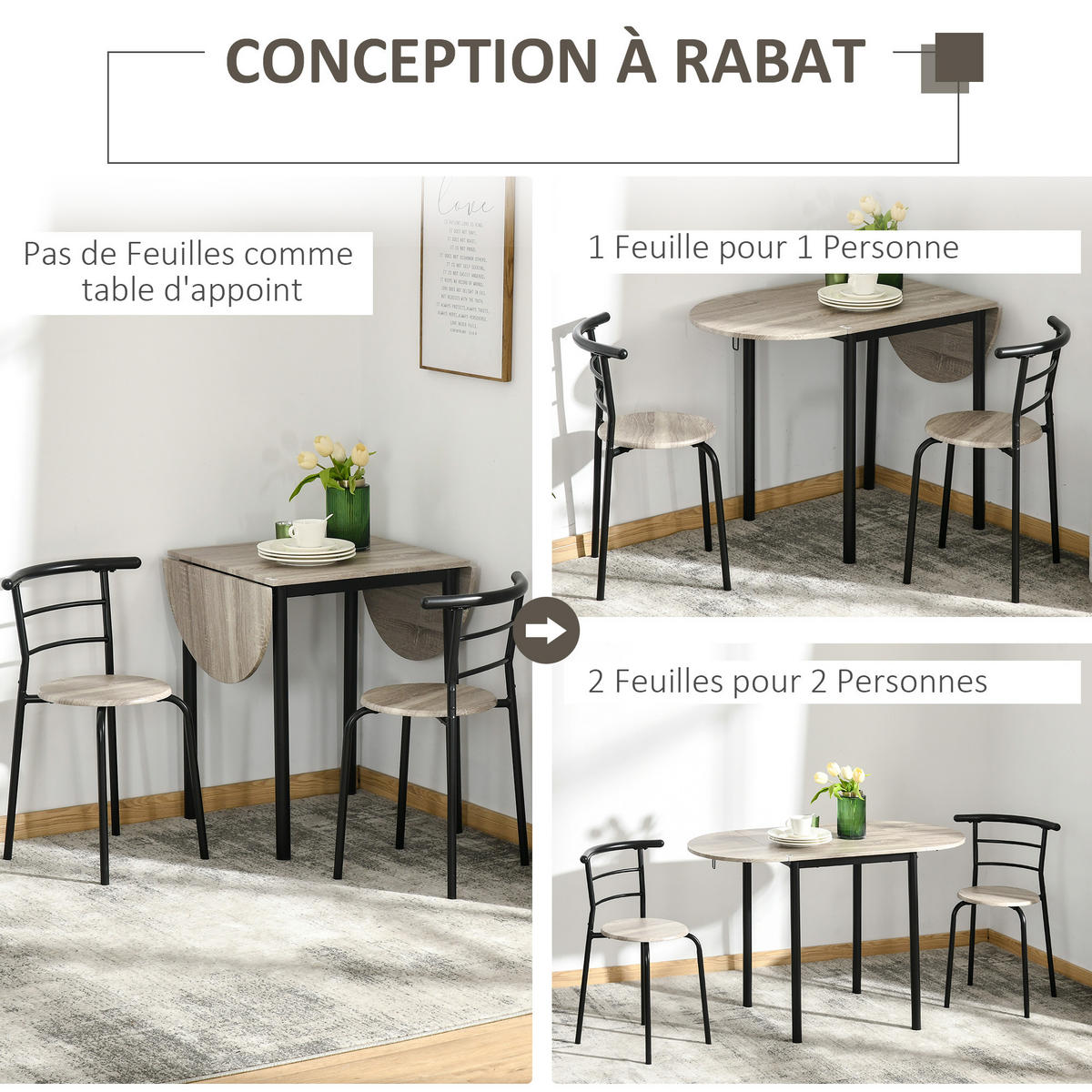 AUSZIEHBARER ovaler Tisch und 2 Stühle – Klapptisch – Metall und MDF – schwarz und natur - Eichefarben, Kunststoff (120/75/60cm)