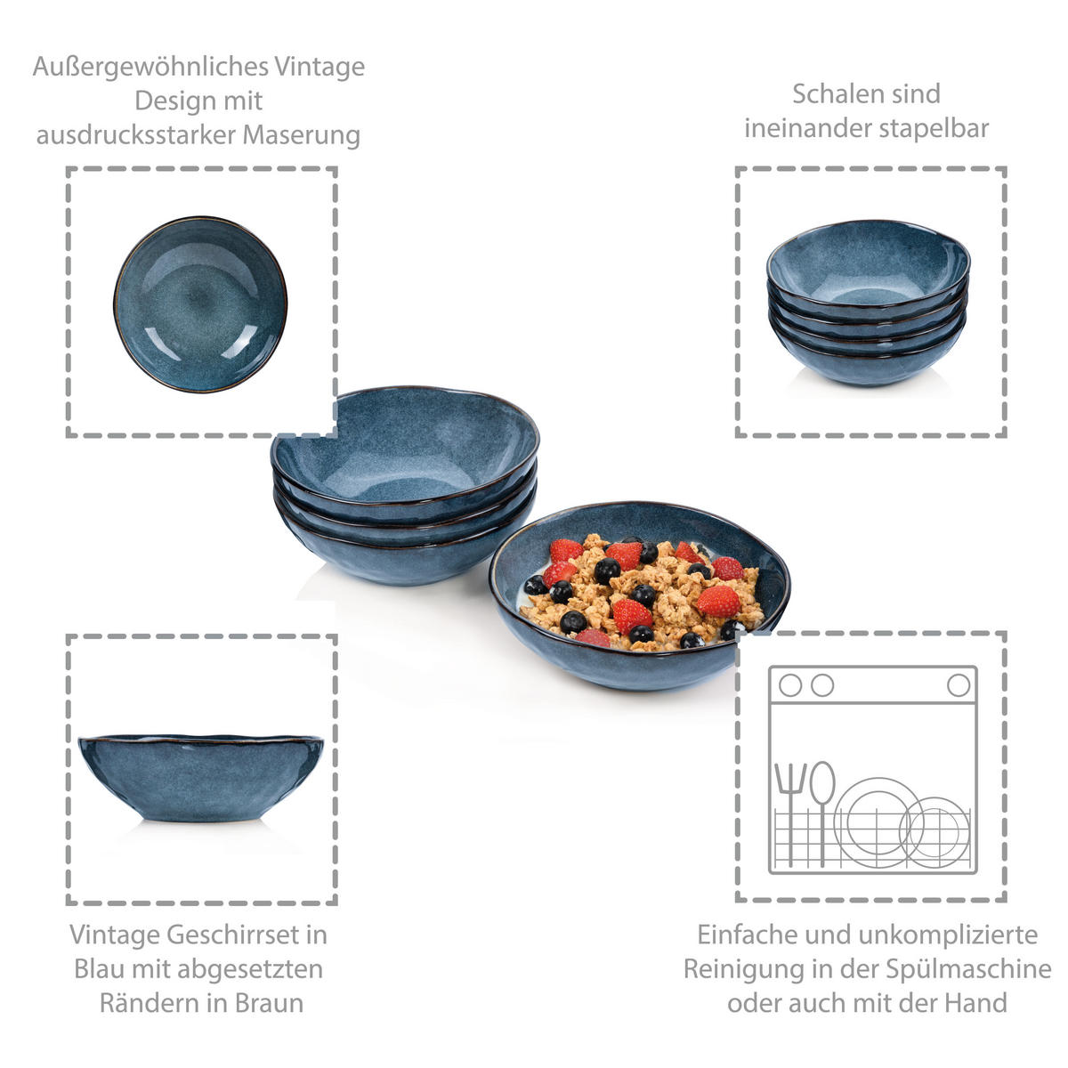 SCHALEN SET DARWIN - 4 teilig aus Steingut - Blau, Keramik (18cm) - Sänger