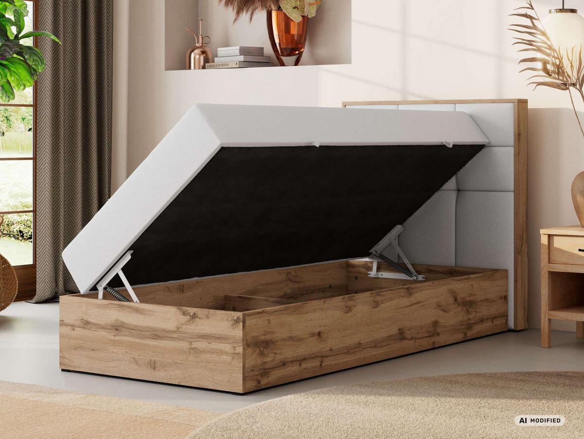BOXBETT ALBERO 1 90/200 - Weiß Kunstleder - Topper Visco - H3 - Rechts - Schwarz/Weiß, Kunststoff/Textil (90/200cm) - MKS