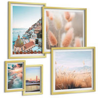 BILDER SET 5er Set - 50x50 cm & 20x30 cm & 40x60 cm Goldrahmen - Sonnenuntergang am Meer, Häuser, Blumen - Goldfarben, Kunststoff (40/60cm) - TULUP