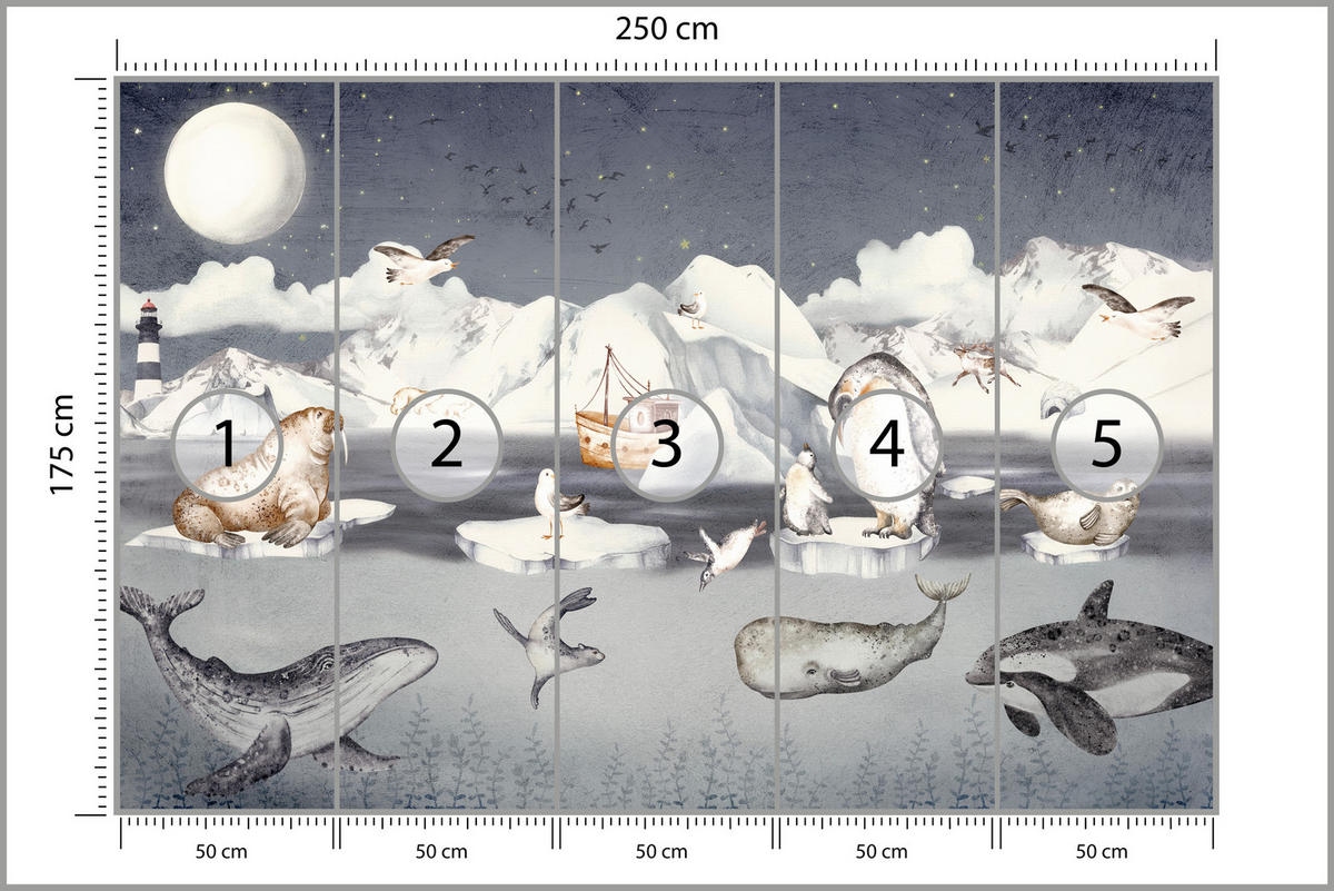 FOTOTAPETE für Kinderzimmer Arktische Tiere Pinguine Robben Mond Gebirge 250x175 - Orange/Weiß, Papier (250/175cm) - Muralo