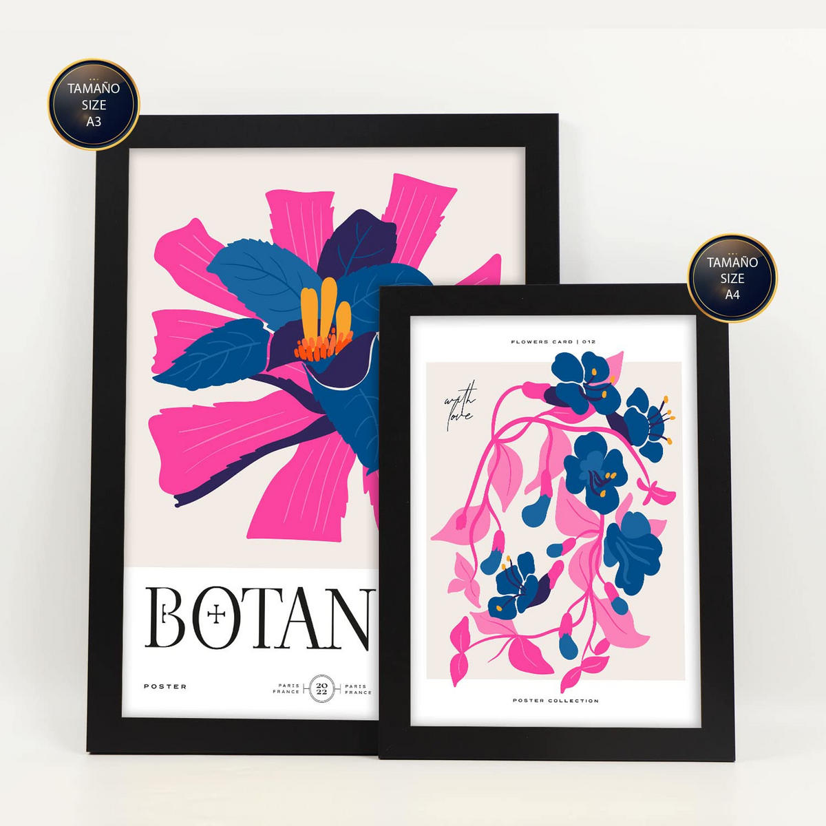 POSTER Set Mit 6 Blumen Rosa Explosionen Natur Und Botanikdrucke Für Innenarchitektur A3 & A4 Schwarzer Rahmen - Schwarz, Papier (29/3cm) - Nacnic