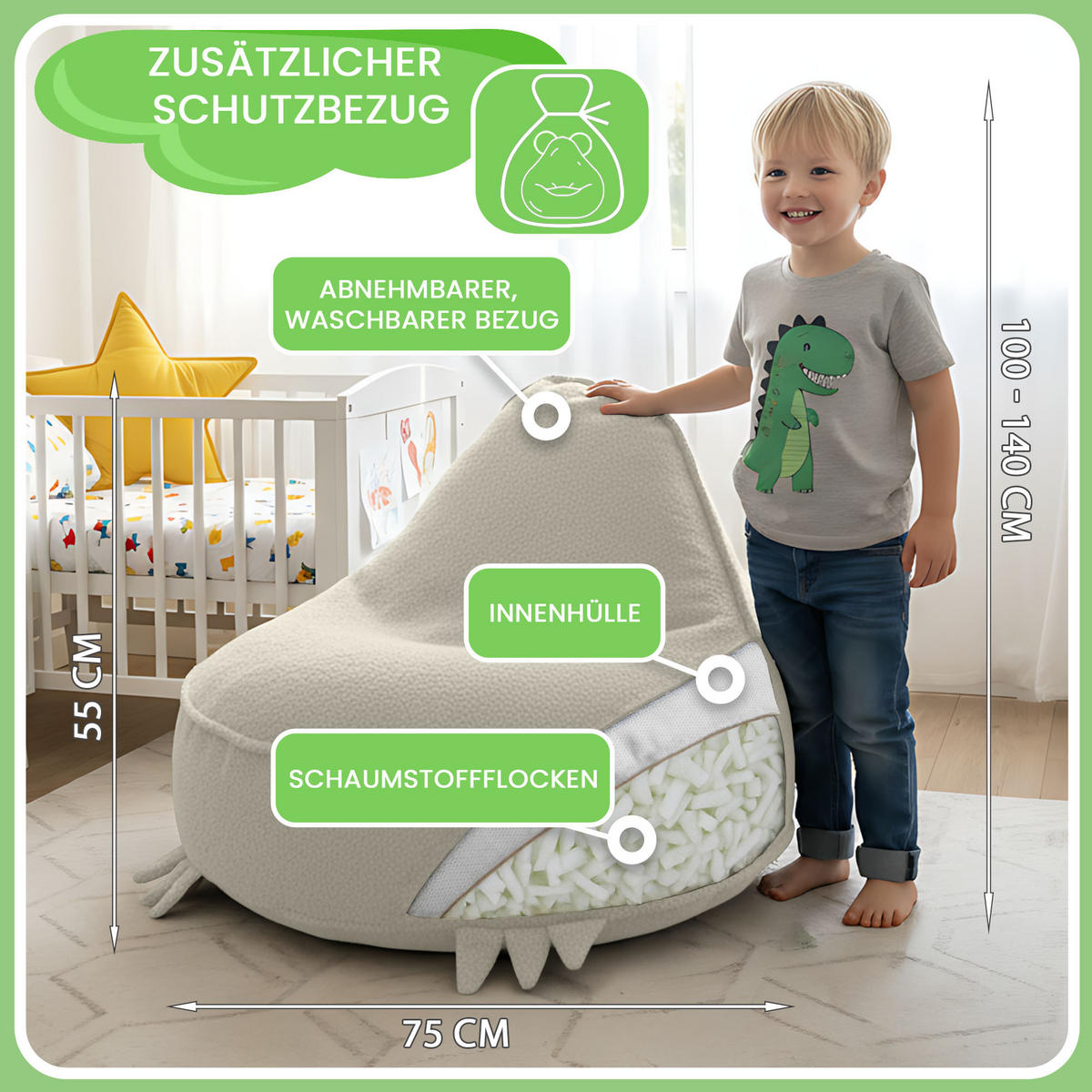 SITZSACK FÜR KINDER Dino 75/75/55 cm, weicher Bouclé 315 g/m², abnehmbarer Bezug, Lamb Cloud - Creme, Textil (75/55/75cm) - Dreamroots