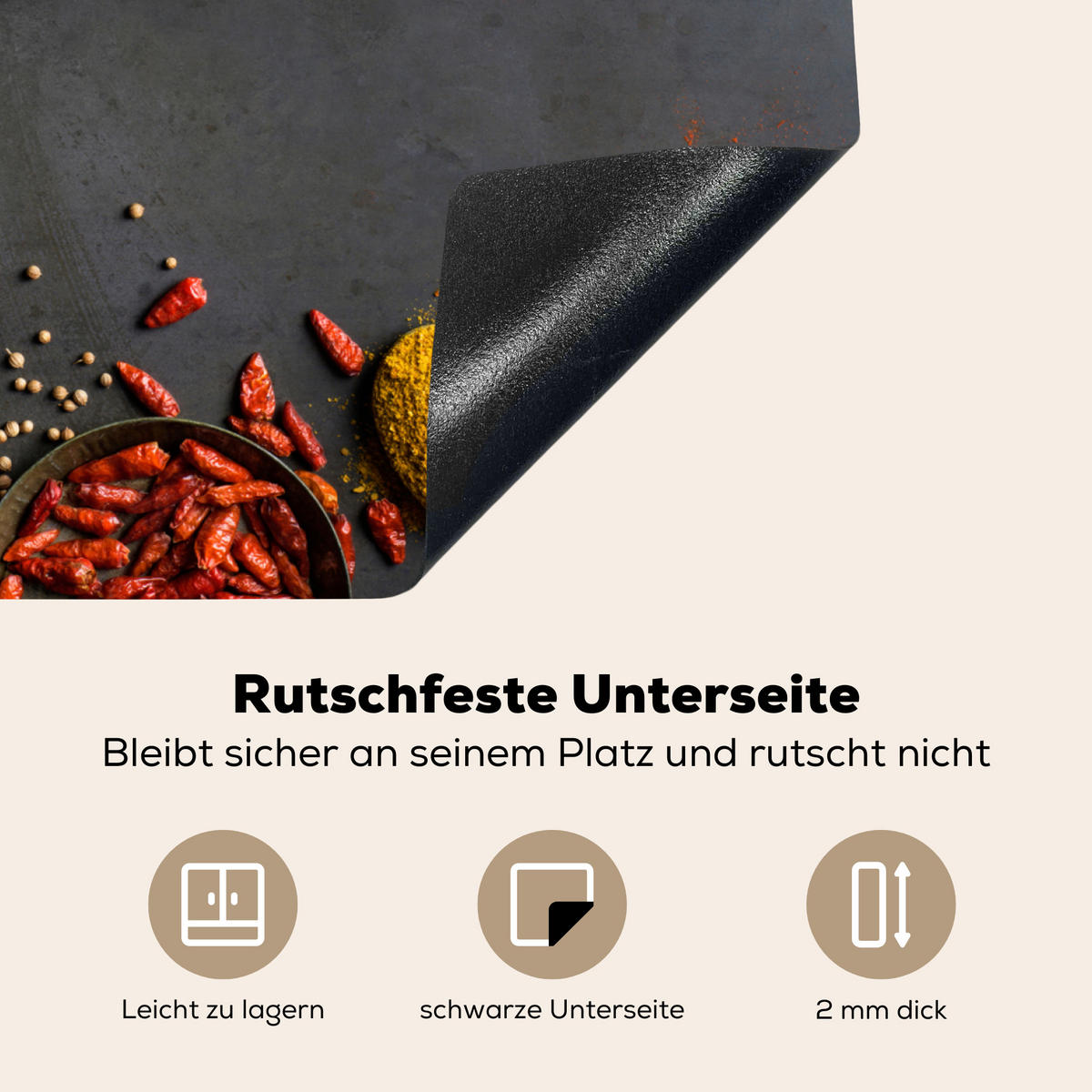 HERDABDECKPLATTE Kräuter - Lebensmittel - Gewürze - Schwarz - Paprika - Zimt Herdabdeckung Induktionsfeld 65x52 cm - Currygelb, Kunststoff (65/52/0.2cm) - MuchoWow