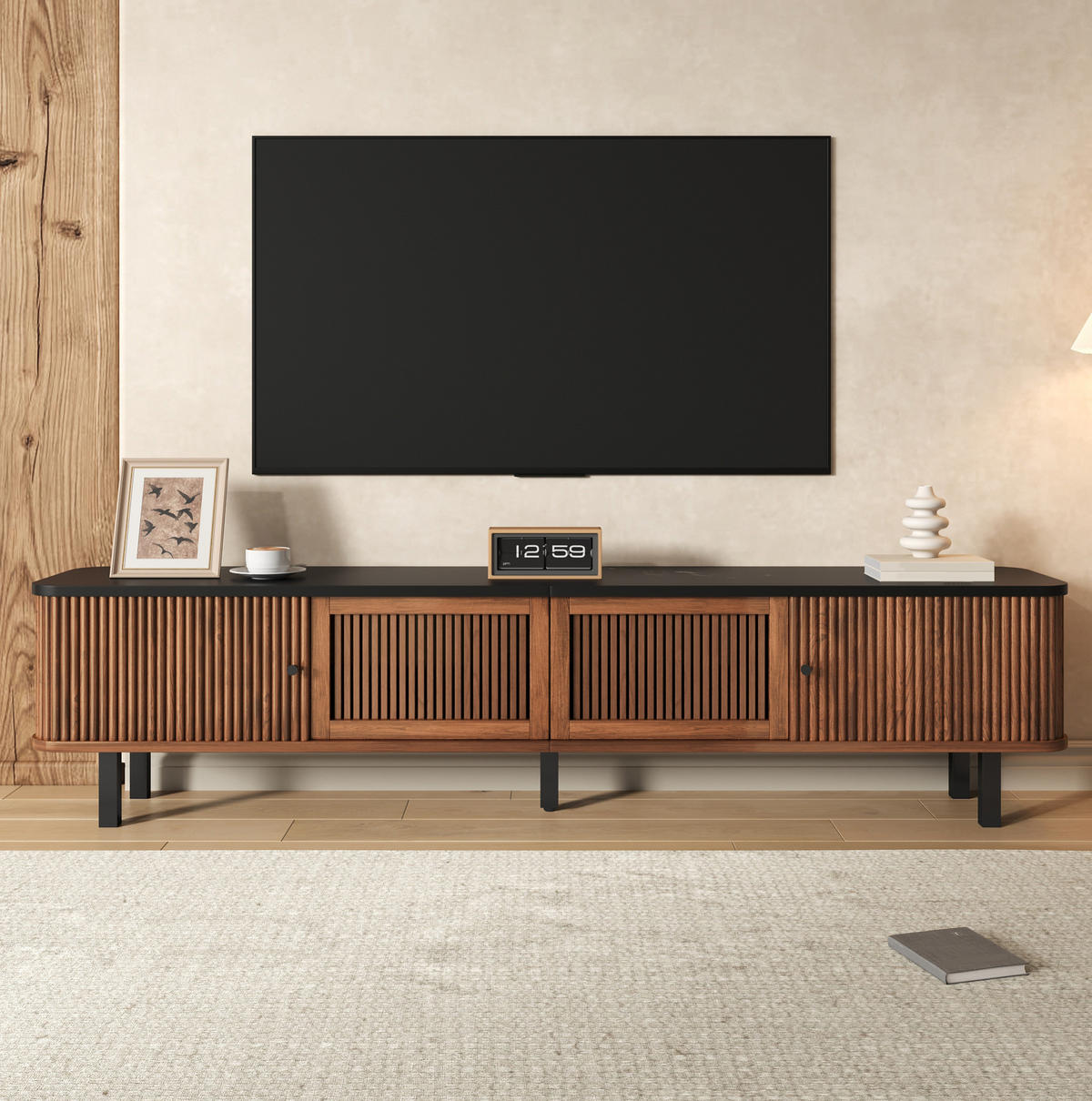 TV-LOWBOARD 190/35/45 cm mit Schiebetüren, Gitterfront und viel Stauraum, Nussbaum - Braun, Holzwerkstoff (190/45/35cm) - Redom