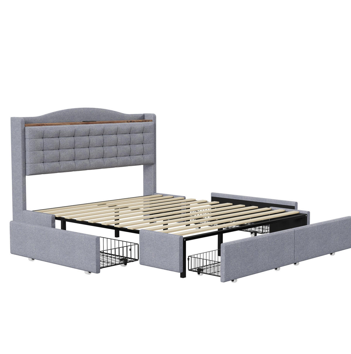 POLSTERBETT 160/200 cm mit 4 Schubladen und USB-Anschluss in Grau - Grau, Textil (160/200cm) - BEAOK