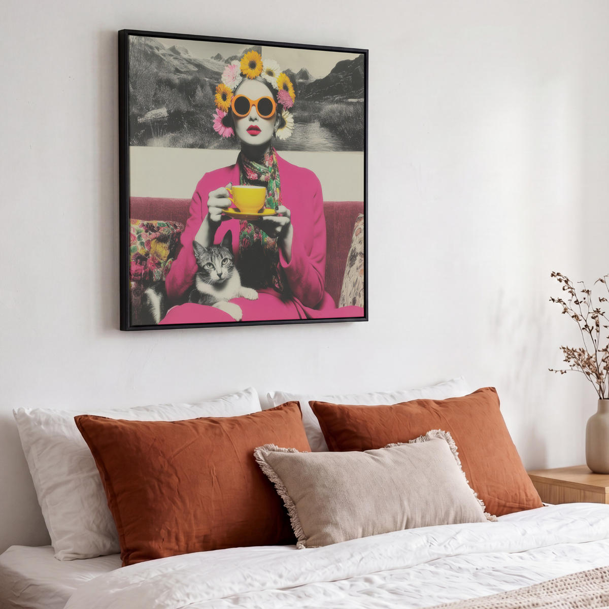 LEINWAND Bilder mit Rahmen - Frau - Katze - Blumen - Tasse - Retro - 50x50 - Magenta, Textil (50/50cm) - MuchoWow