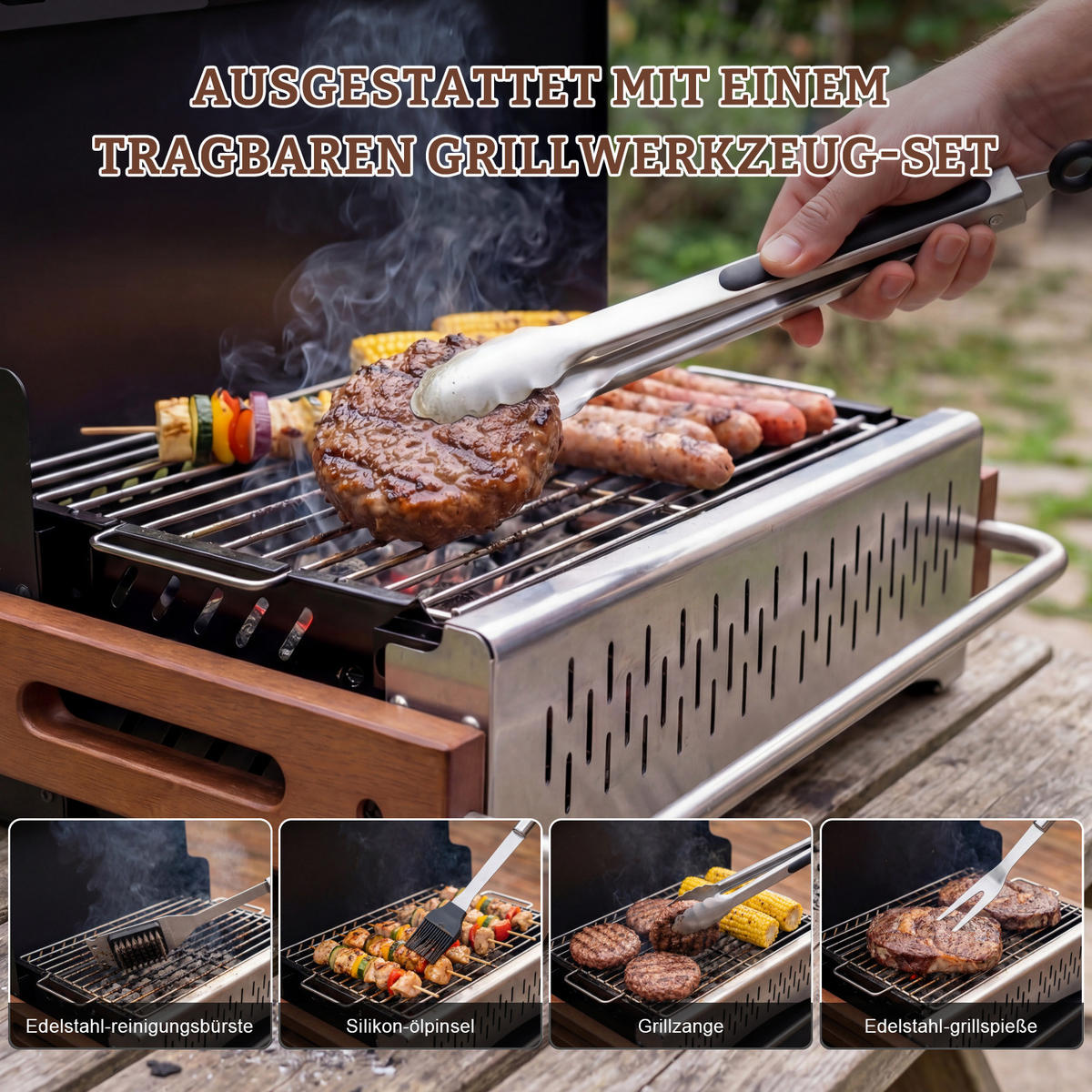 HOLZKOHLEGRILL mit Werkzeugkoffer - Silberfarben/Schwarz, Metall (37.3/33.2/50.72cm) - HOMAVO