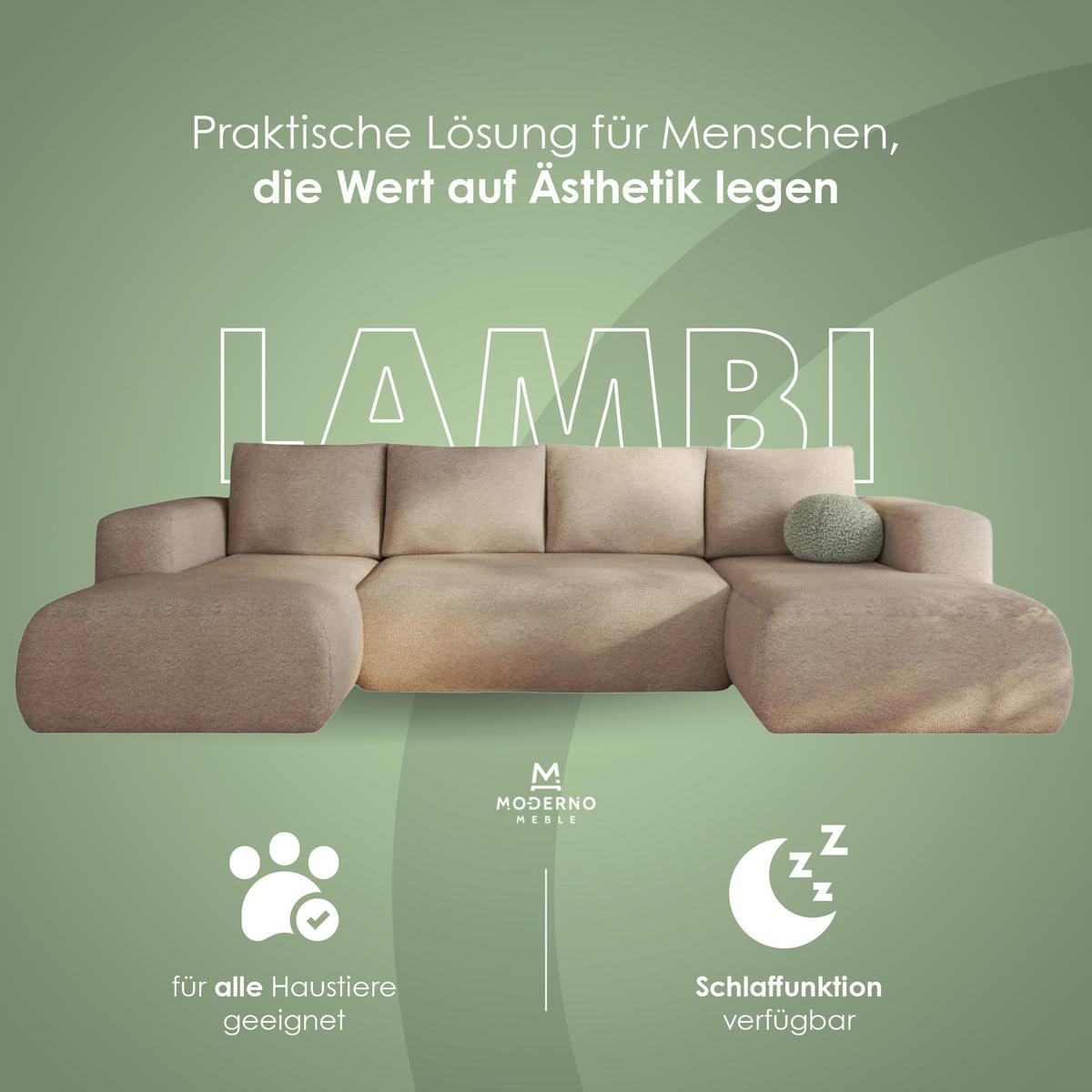 ECKSOFA LAMBI U, Wohnlandschaft U Form mit +3 Sitzen, Beige - Lambi 06 - Beige, Textil (340/89/114cm) - Moderno Meble