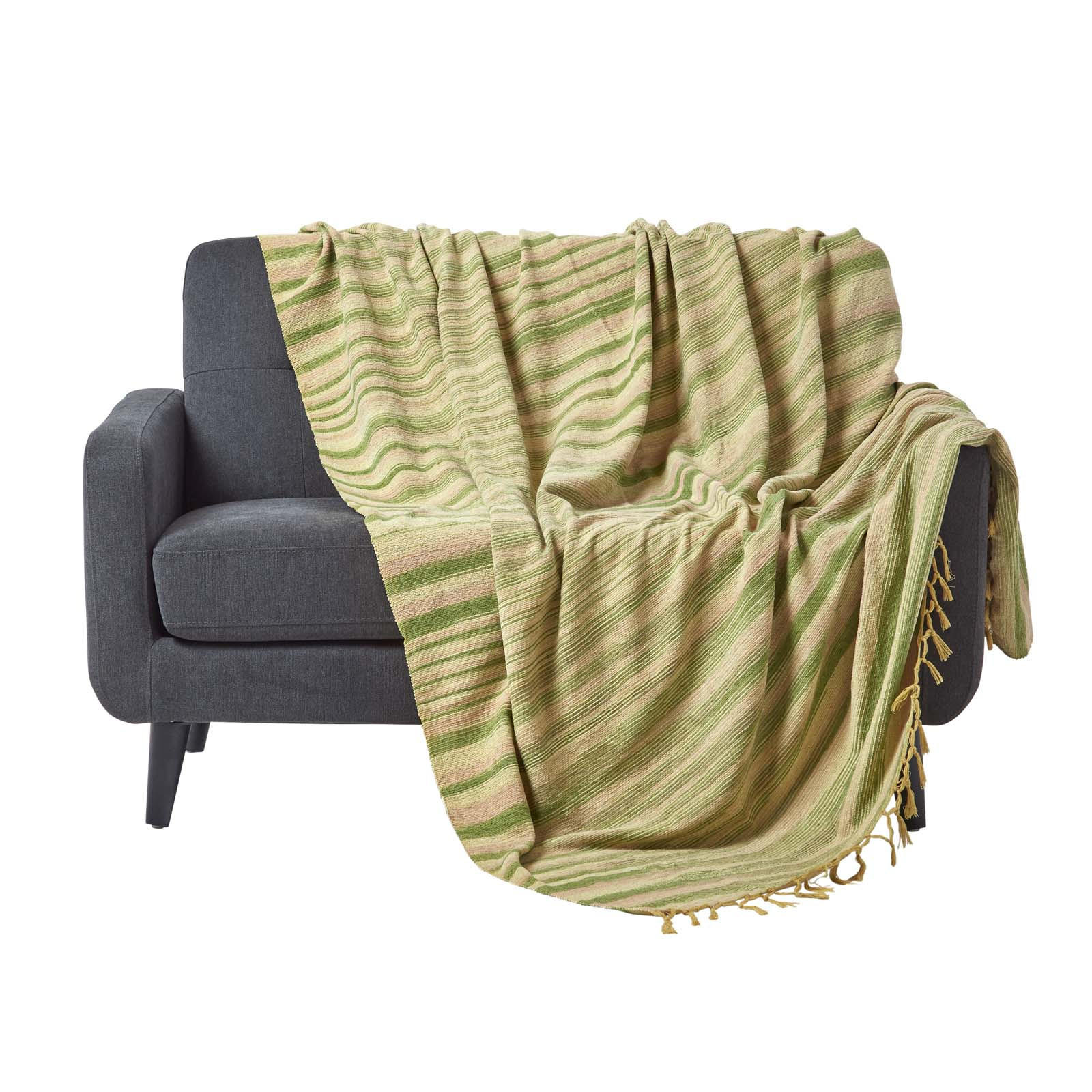 WOHNDECKE Chenille 220/240 cm, 100% Baumwolle gestreift - Grün, Textil (220/240cm) - Homescapes