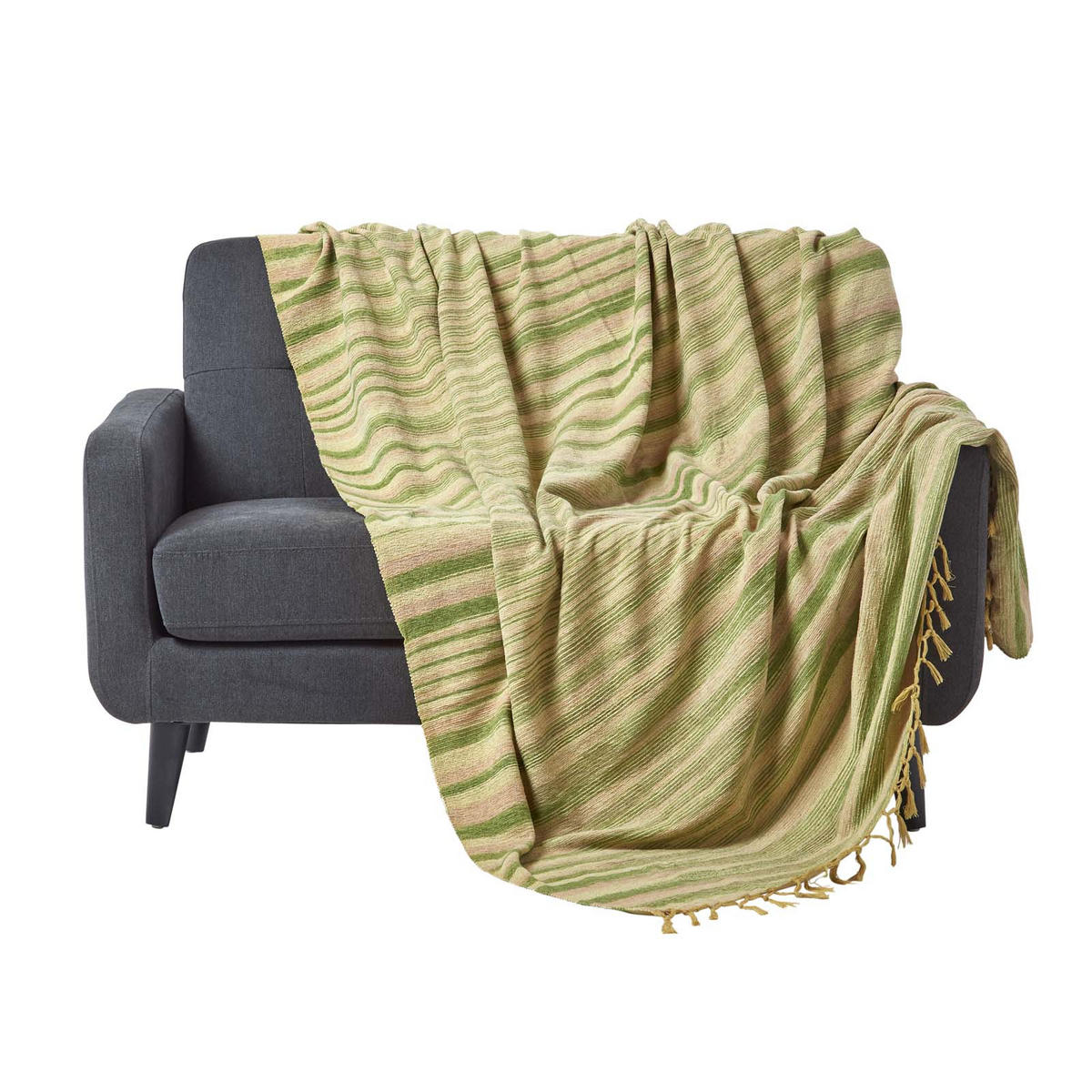 WOHNDECKE Chenille 150/200 cm, 100% Baumwolle gestreift - Grün, Textil (150/200cm) - Homescapes