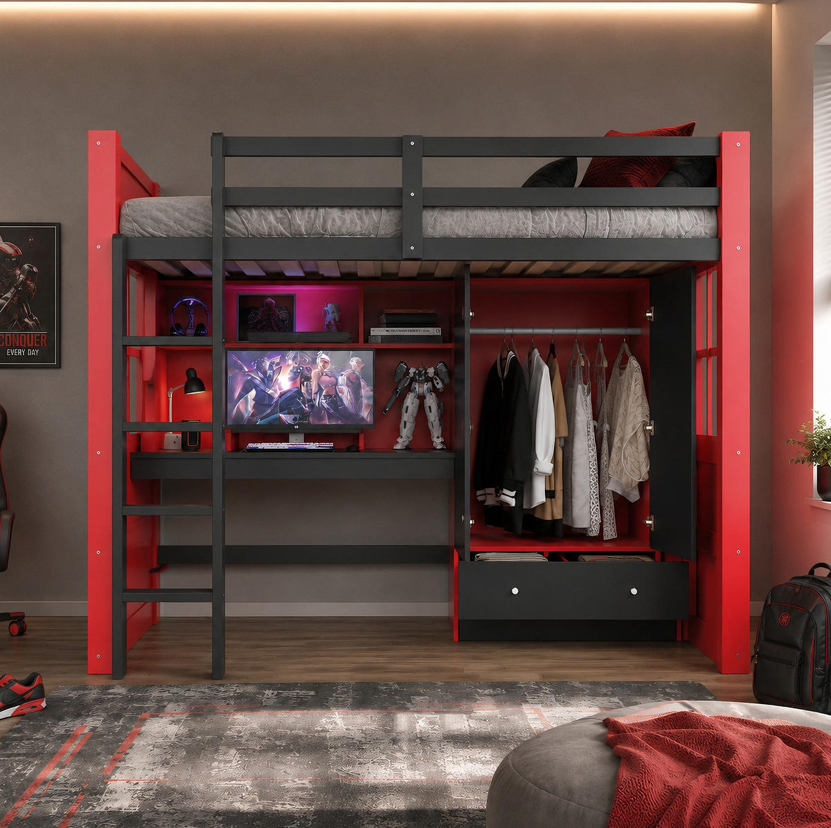 HOCHBETT 90/200 cm aus Holz mit LED-Beleuchtung Steckdosen Kleiderschrank und Schubladen Schwarz und Rot - Rot, Holz (90/200cm) - Modenvie