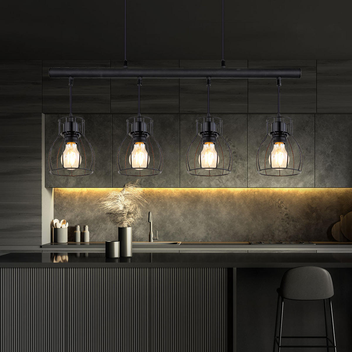 HÄNGELEUCHTE Käfig-Design Schwarz 4-Flammig - Schwarz, Metall (77/14/120cm) - Globo Lighting
