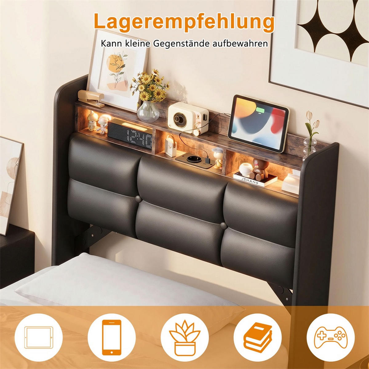 POLSTERBETT 90x200 cm mit hydraulischem Stauraum - mit Stauraum Kopfteil und LED-Beleuchtung - Schwarz - Schwarz, Textil (90/200cm) - DELFA
