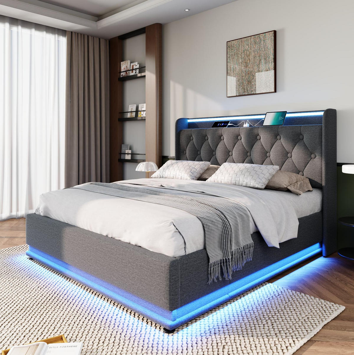 POLSTERBETT 140/200 cm Grau aus Leinen mit Stauraum LED-Beleuchtung und Matratze - Grau, Textil (140/200cm) - OKWISH