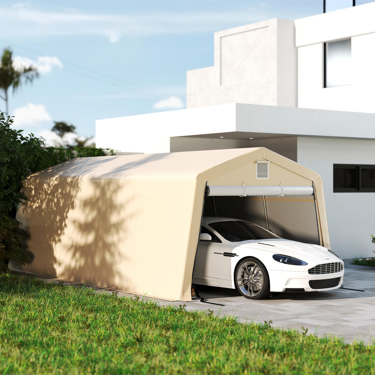 CARPORT DE-12646 620/330/240 cm 150 g/m² wasserdicht mit Rolltür Grau - Mokka, Kunststoff (330/240/618cm) - ComfortXL