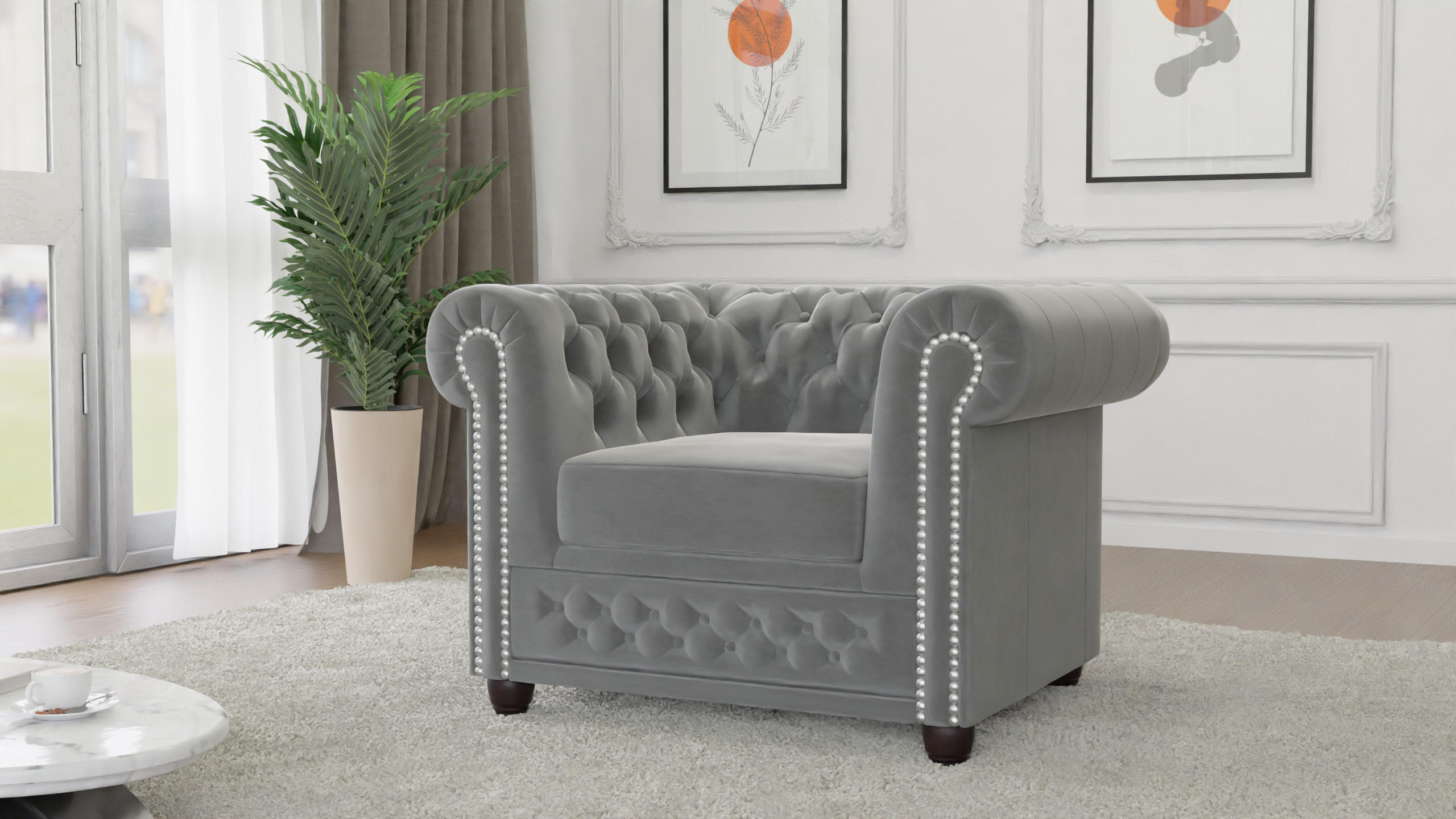 CHESTERFIELD-SESSEL Nyx Grau Samt - Braun/Grau, Holz/Textil (94/72/86cm) - S-Style Möbel