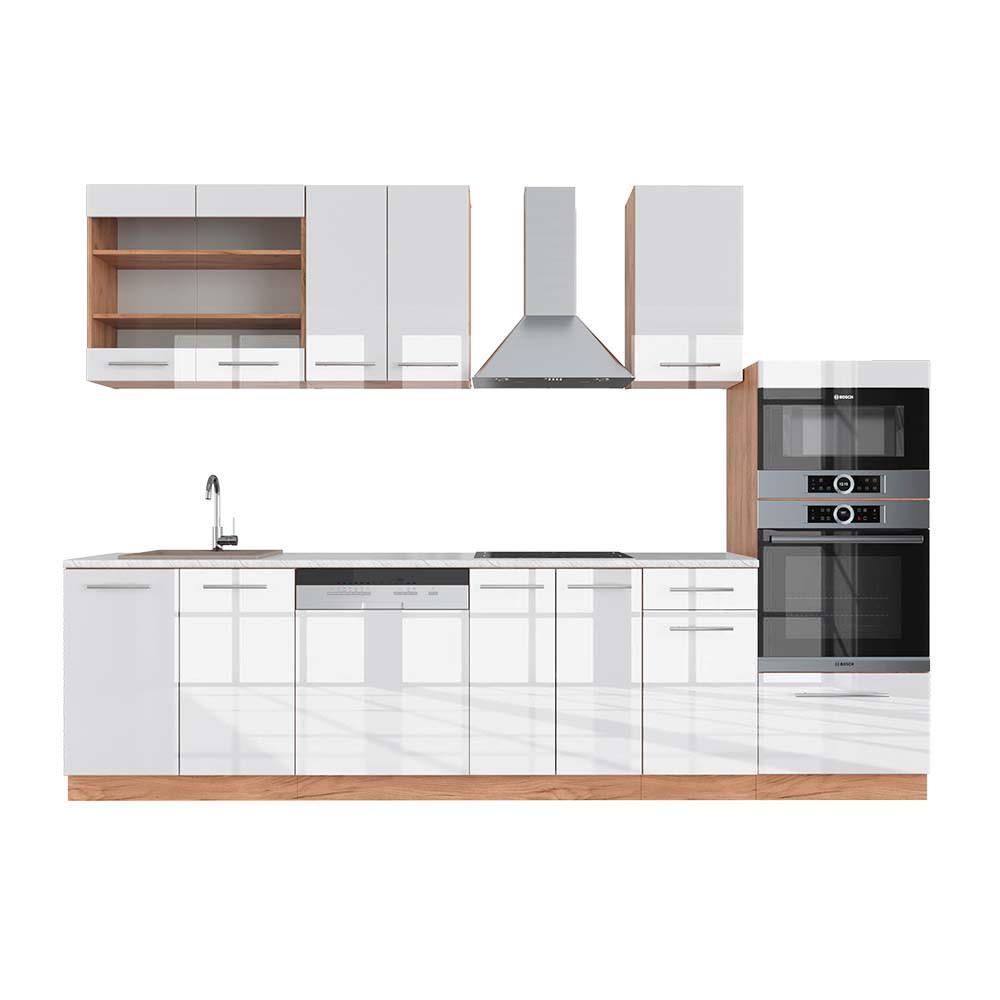 KÜCHENZEILE Fame-Line Weiß Hochglanz/Goldkraft Eiche 300 cm AP Marmor - Honigeiche/Weiß Hochglanz, Holzwerkstoff (300/81.6/60cm) - Vicco