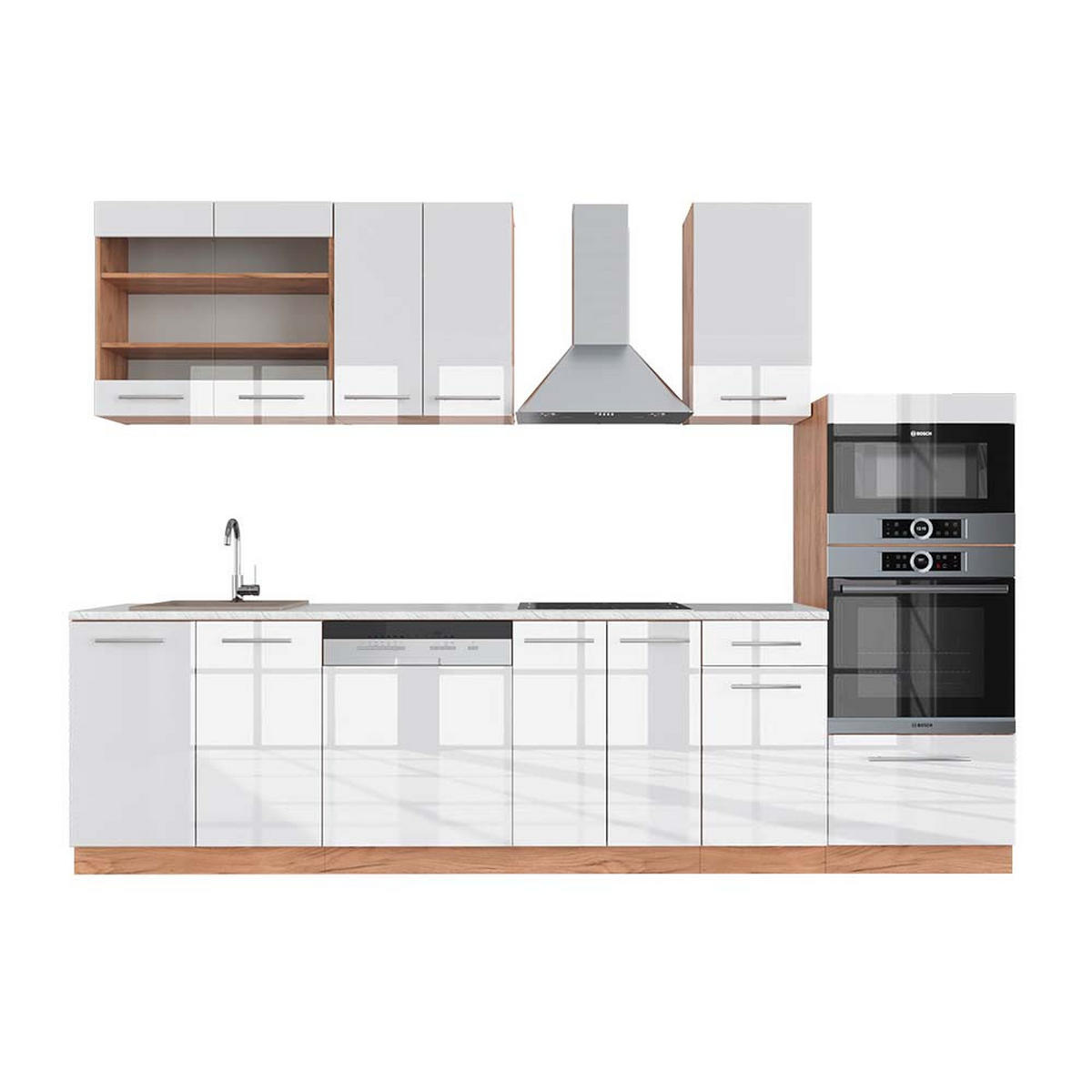KÜCHENZEILE Fame-Line Weiß Hochglanz/Goldkraft Eiche 300 cm AP Marmor - Honigeiche/Weiß Hochglanz, Holzwerkstoff (300/81.6/60cm) - Vicco
