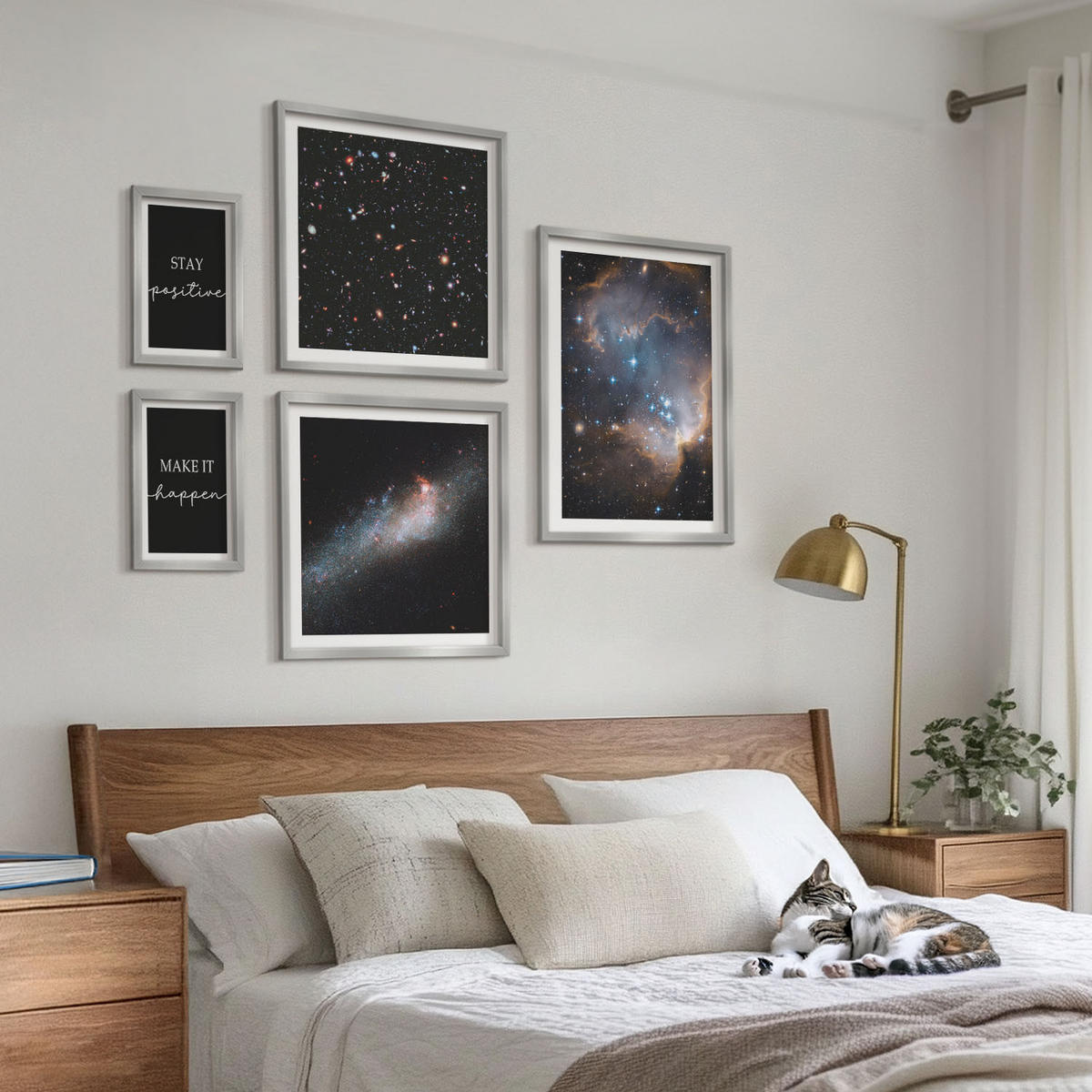 WANDBILDER 5er Set - 50x50 cm & 20x30 cm & 40x60 cm Silberner Rahmen - Motivationsslogans Sterne Weltraum - Silberfarben, Kunststoff (40/60cm) - ArtPrintCave