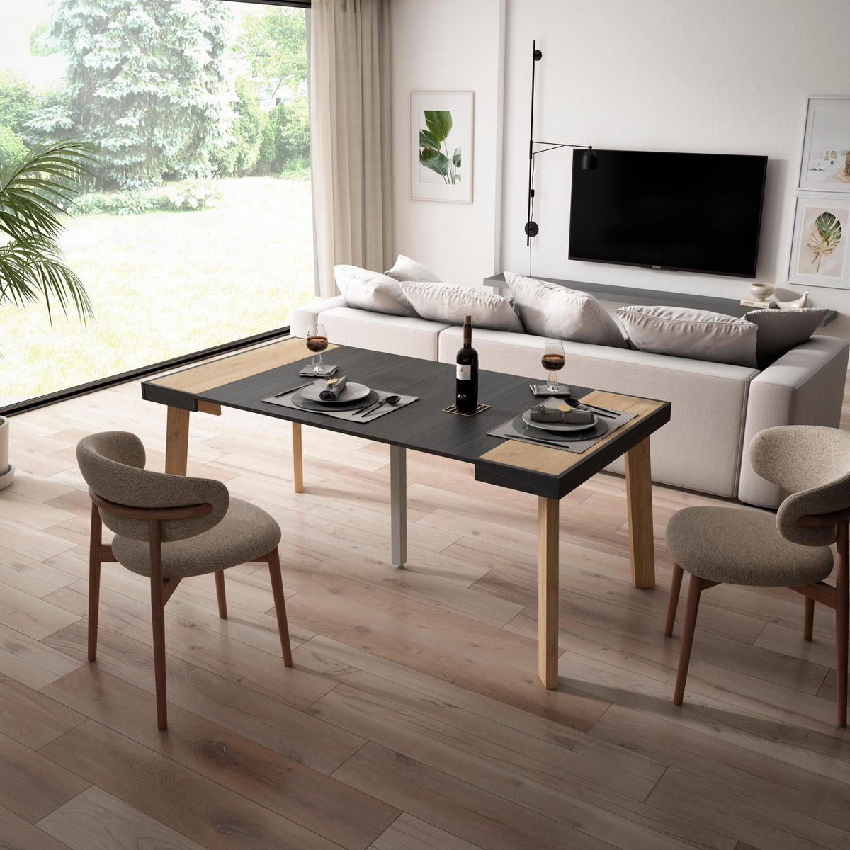 KONSOLENTISCH ausziehbar 58 bis 180cm, für 8 Gäste, eiche, schwarz, 90/58/73cm - Eichefarben/Schwarz, Holzwerkstoff (90/180/73cm) - Skraut Home