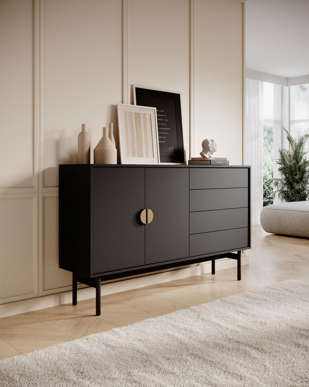 SIDEBOARD Stoon Schwarz 154 cm - Goldfarben/Schwarz, Holzwerkstoff/Metall (154/94/38cm) - Selsey