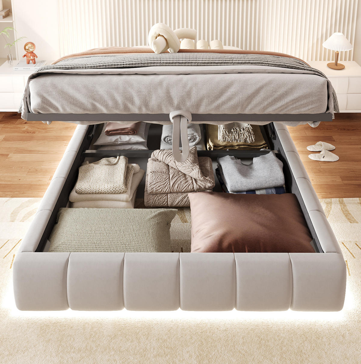 POLSTERBETT mit Stauraum und LED 140x200 cm Beige - Beige, Metall (140/200cm) - Beauniv