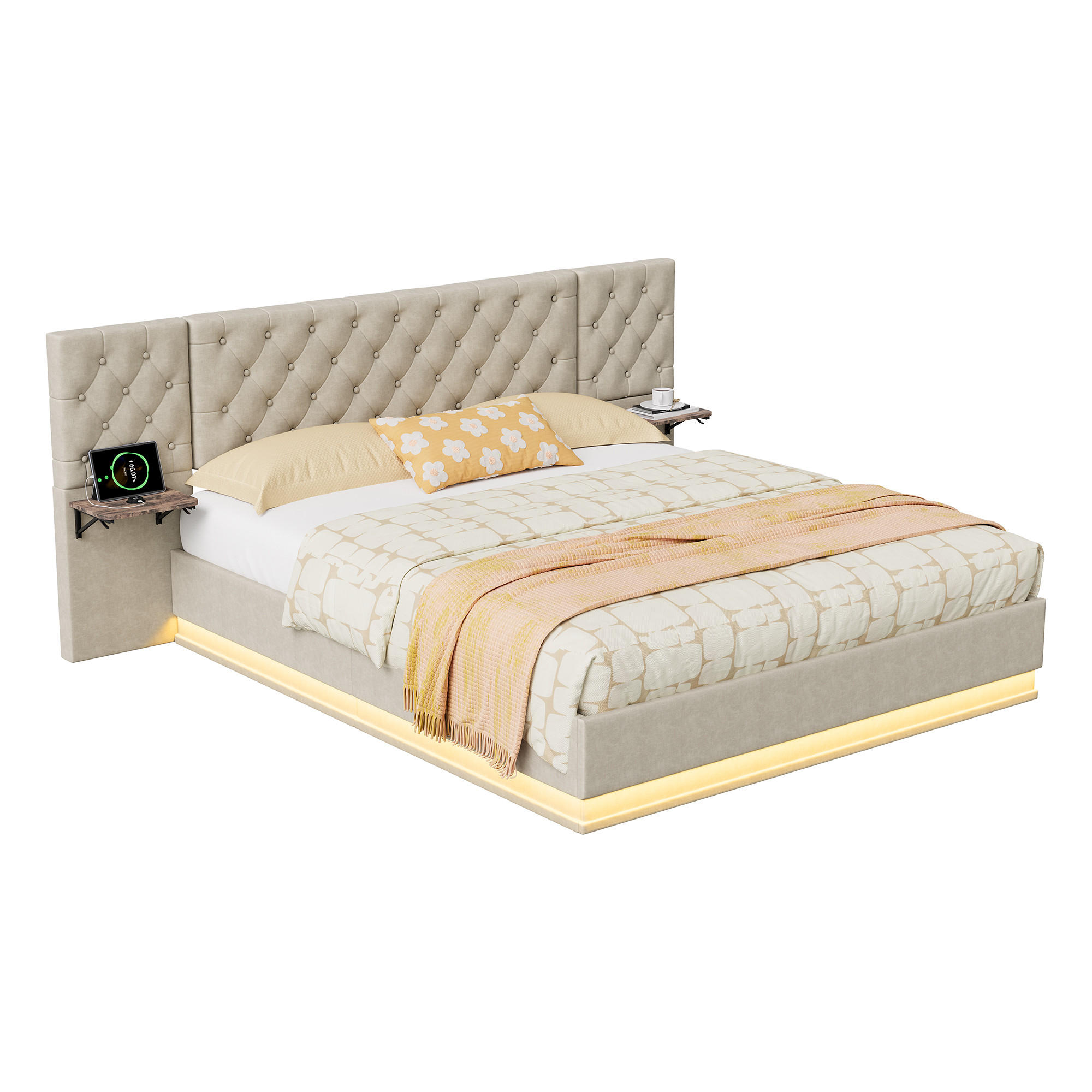 KLÄDD säng 160x200 cm beige linne-look med förvaringsutrymme RGB LED USB-laddningsfunktion - Beige, Trä (160/200cm) - SHOPENTRA