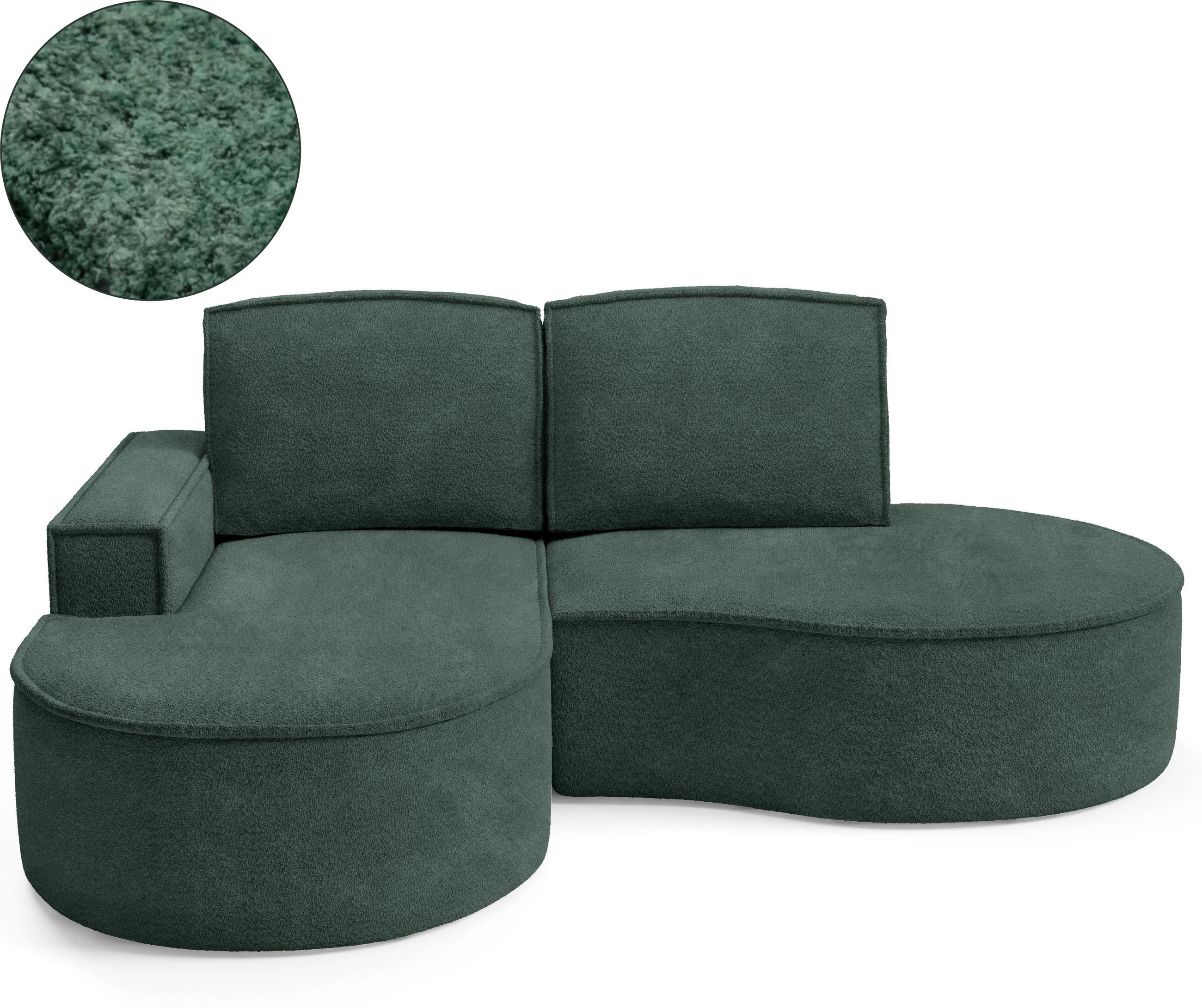 ECKSOFA MOLLY – Halbkreisförmig, Abriamo-Bouclé, Lose Kissen, Bouclé-Bezug, 210x157x88 cm, Links Grün - Jadegrün, Holz/Textil (157/210cm) - DomoHome